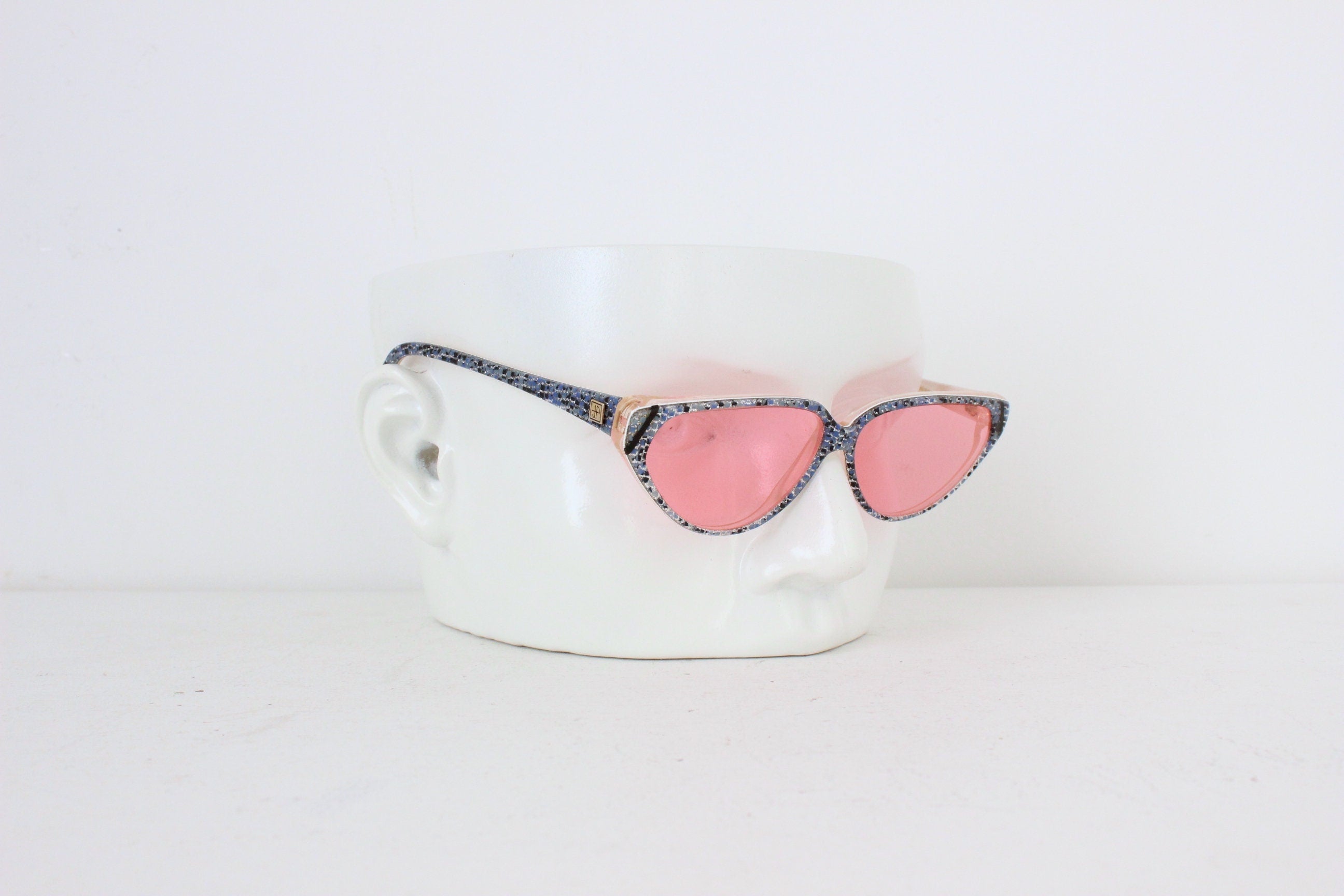 1980s Jean Patou Paris Blue Glitter Cat Eye Sunglasses w/ Pink Lenses