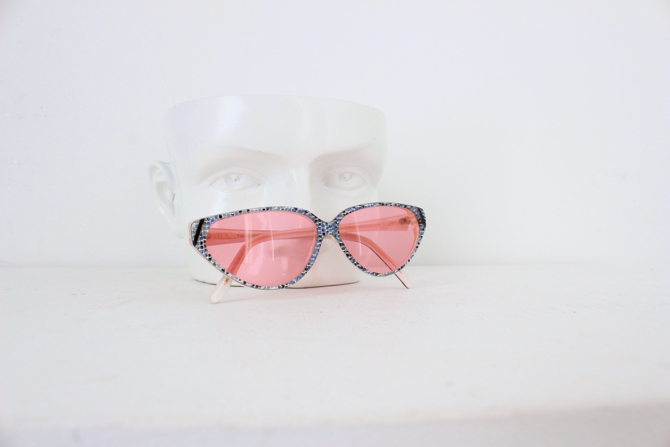 1980s Jean Patou Paris Blue Glitter Cat Eye Sunglasses w/ Pink Lenses