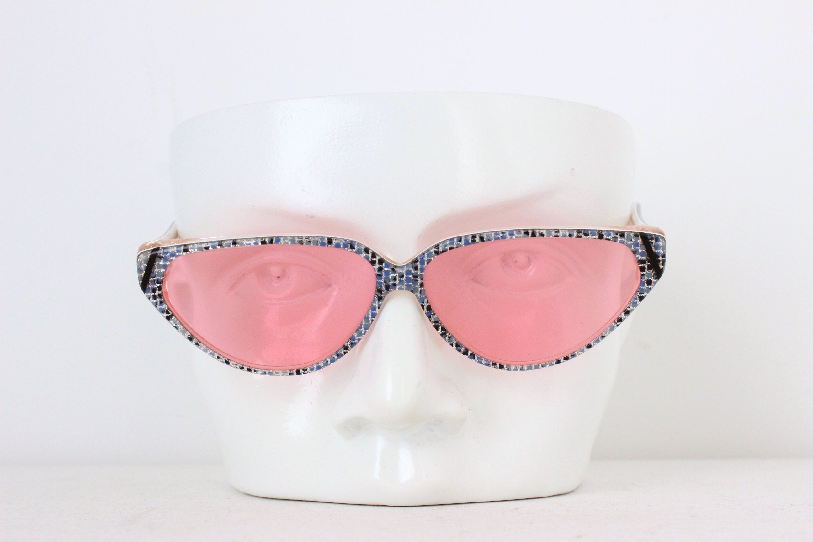 1980s Jean Patou Paris Blue Glitter Cat Eye Sunglasses w/ Pink Lenses