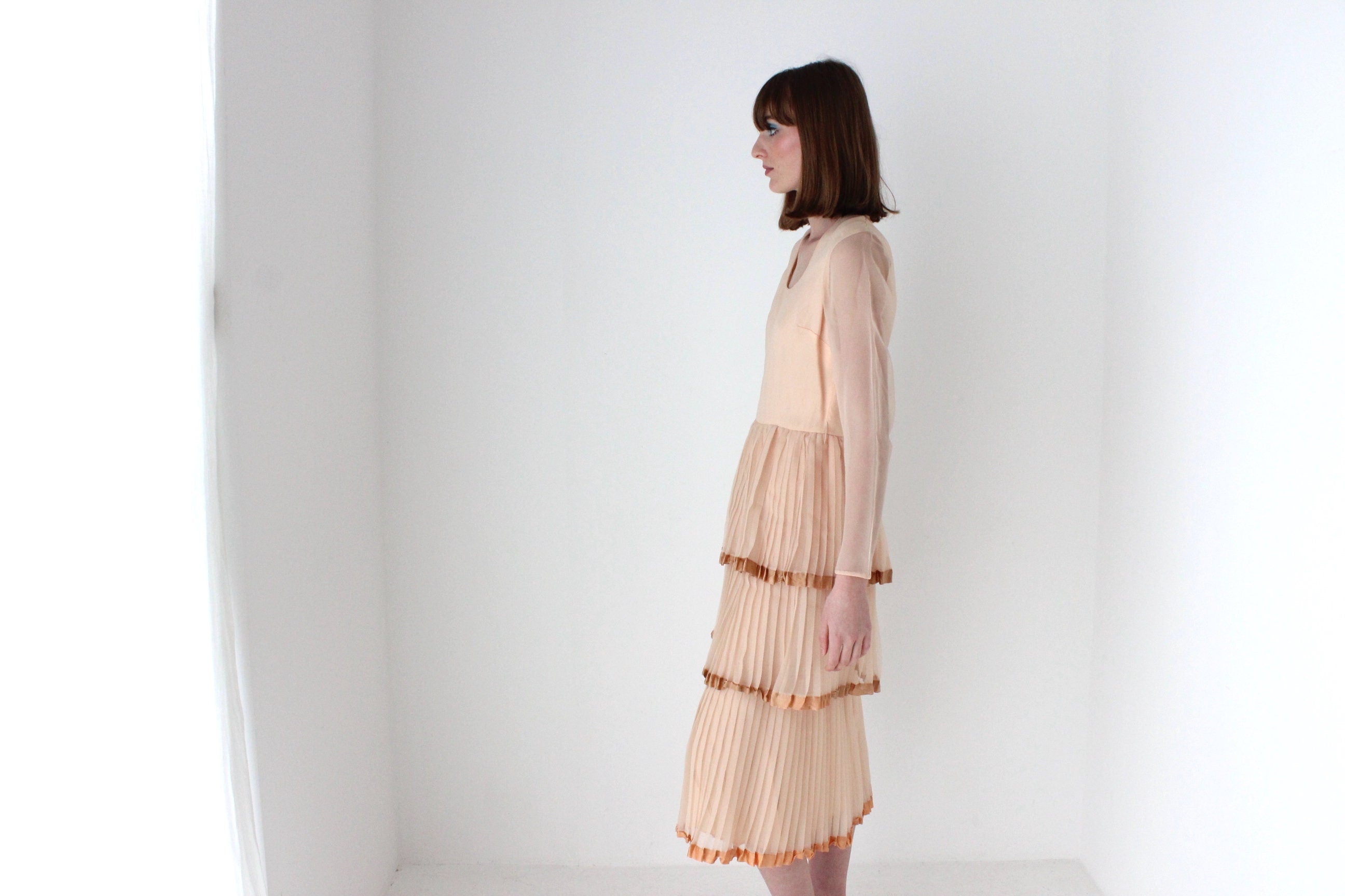 70s Tiered Pleated Pastel Cocktail Dress