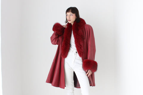 Outstanding 1980s Soft Lambskin Leather + Lush Genuine Fur Free Size Swing Coat