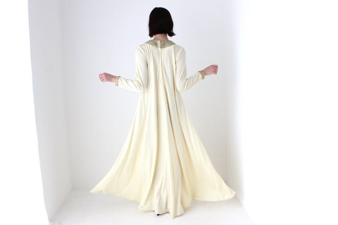 70s DISCO GODDESS Cream Jersey & Gold Trim Sweeping Trapeze Gown