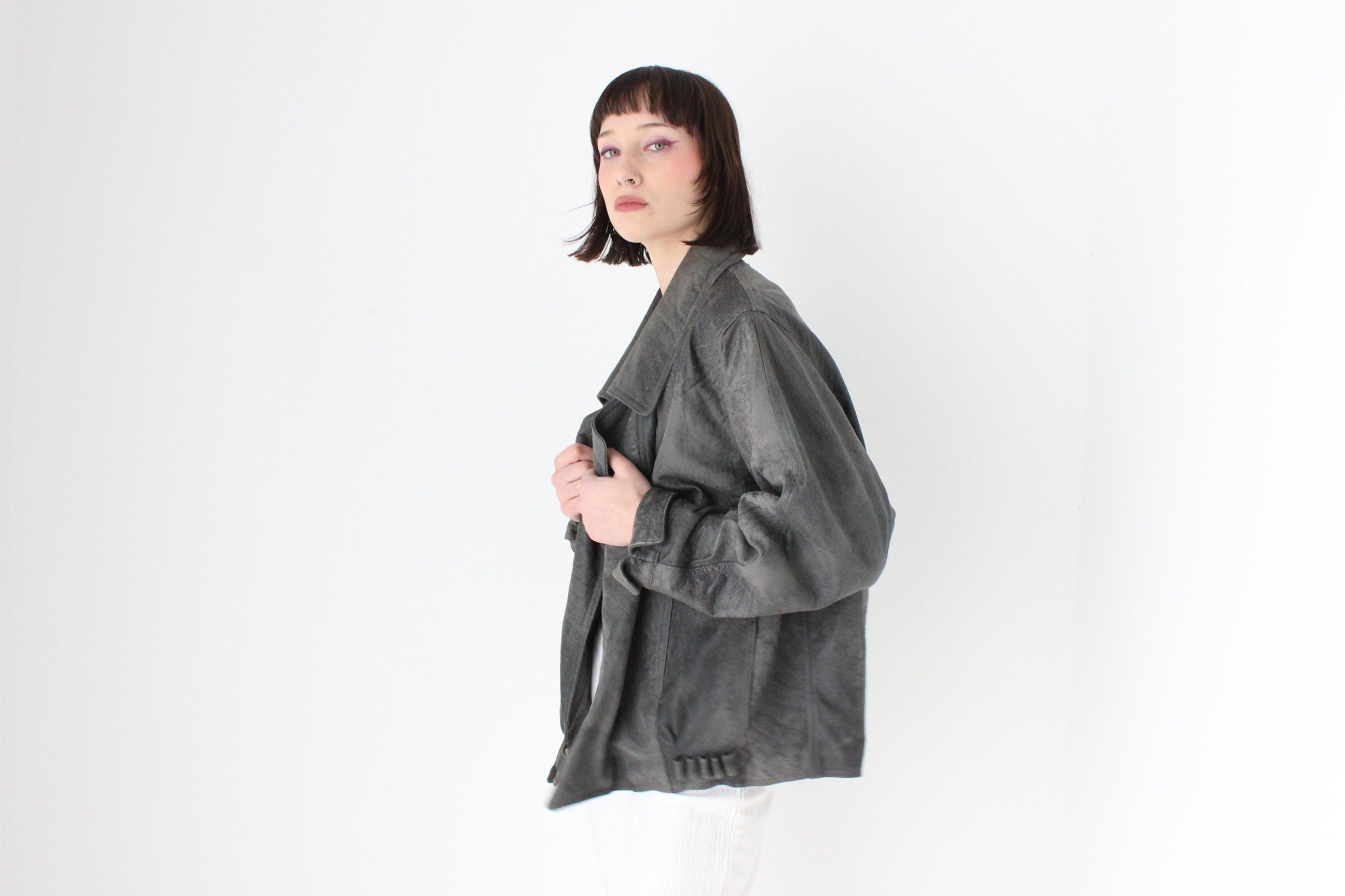 80s Acid Wash Sueded Leather Bomber w/ Feature Brass "Hook" Closure