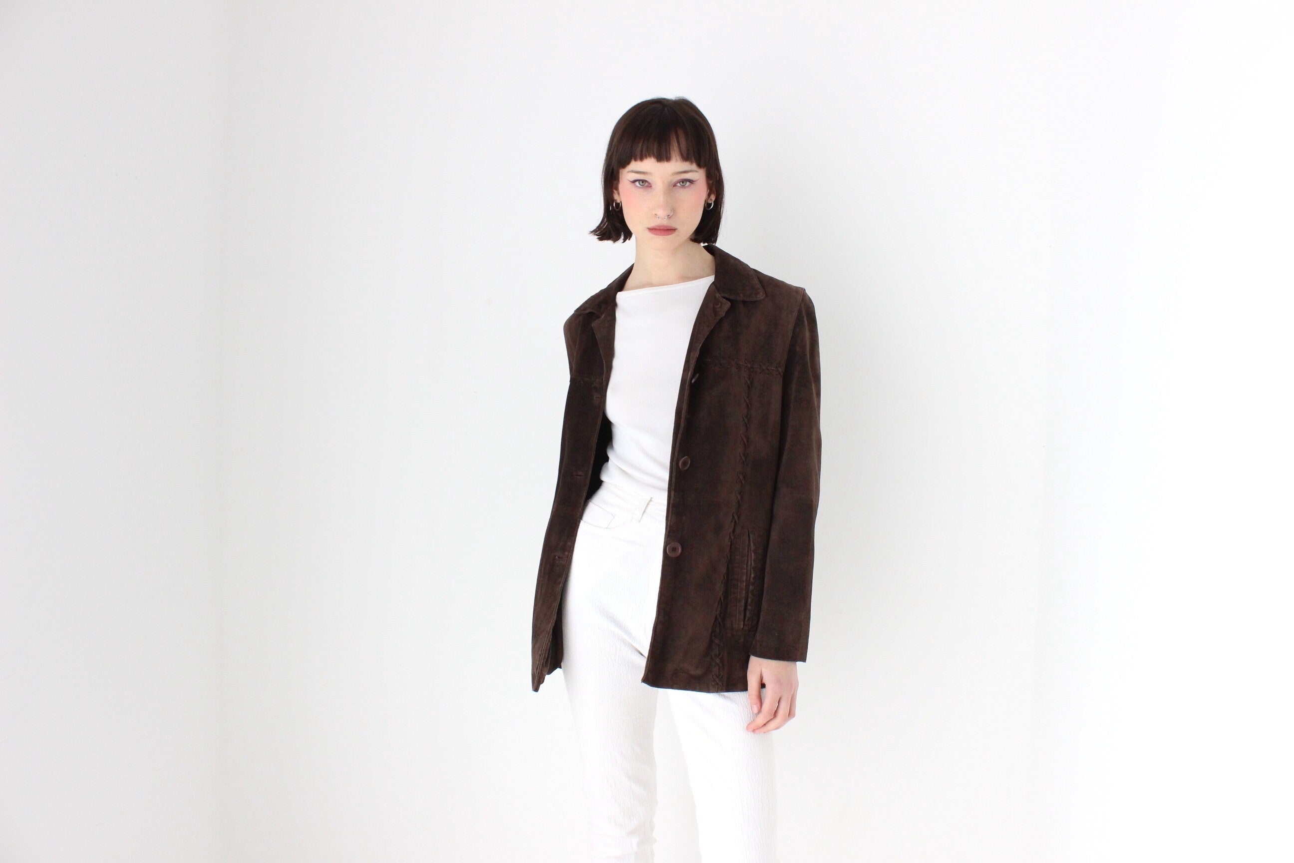 90s Does 70s Chocolate SUEDE Criss-Cross Stitch Jacket