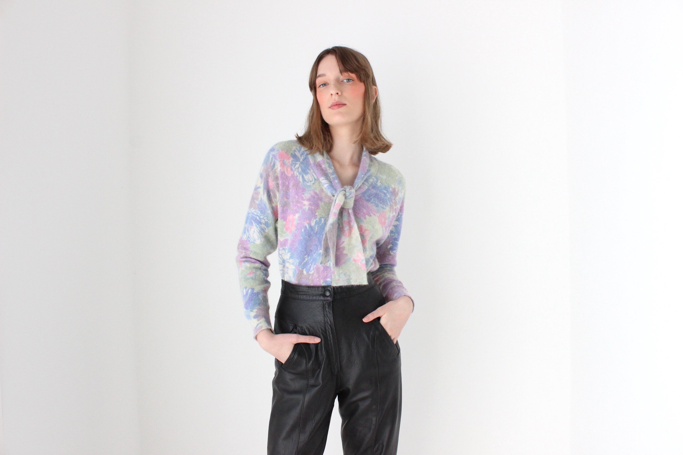 80s Pastel Floral Wool & Angora Tie Neck Sweater