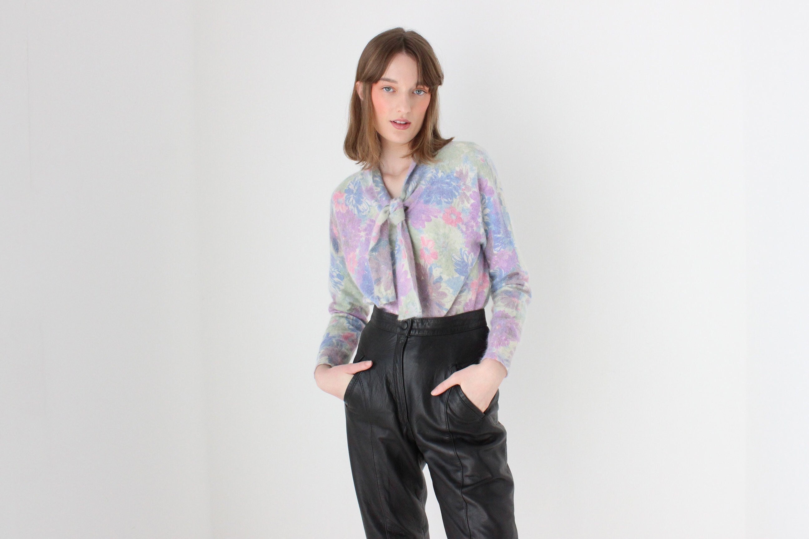 80s Pastel Floral Wool & Angora Tie Neck Sweater