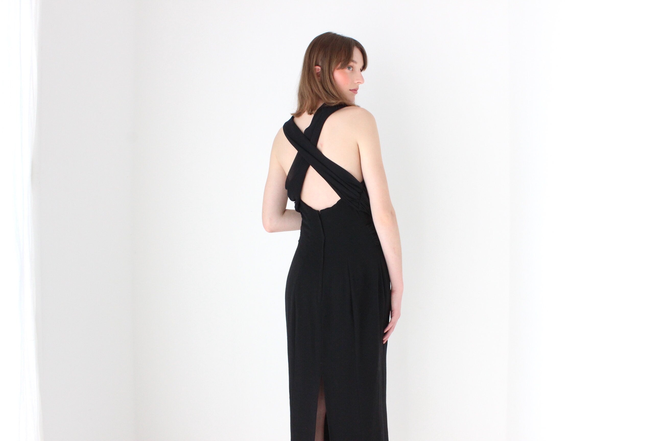 80s Cowl Neck & Criss Cross Back Crepe Hourglass Gown