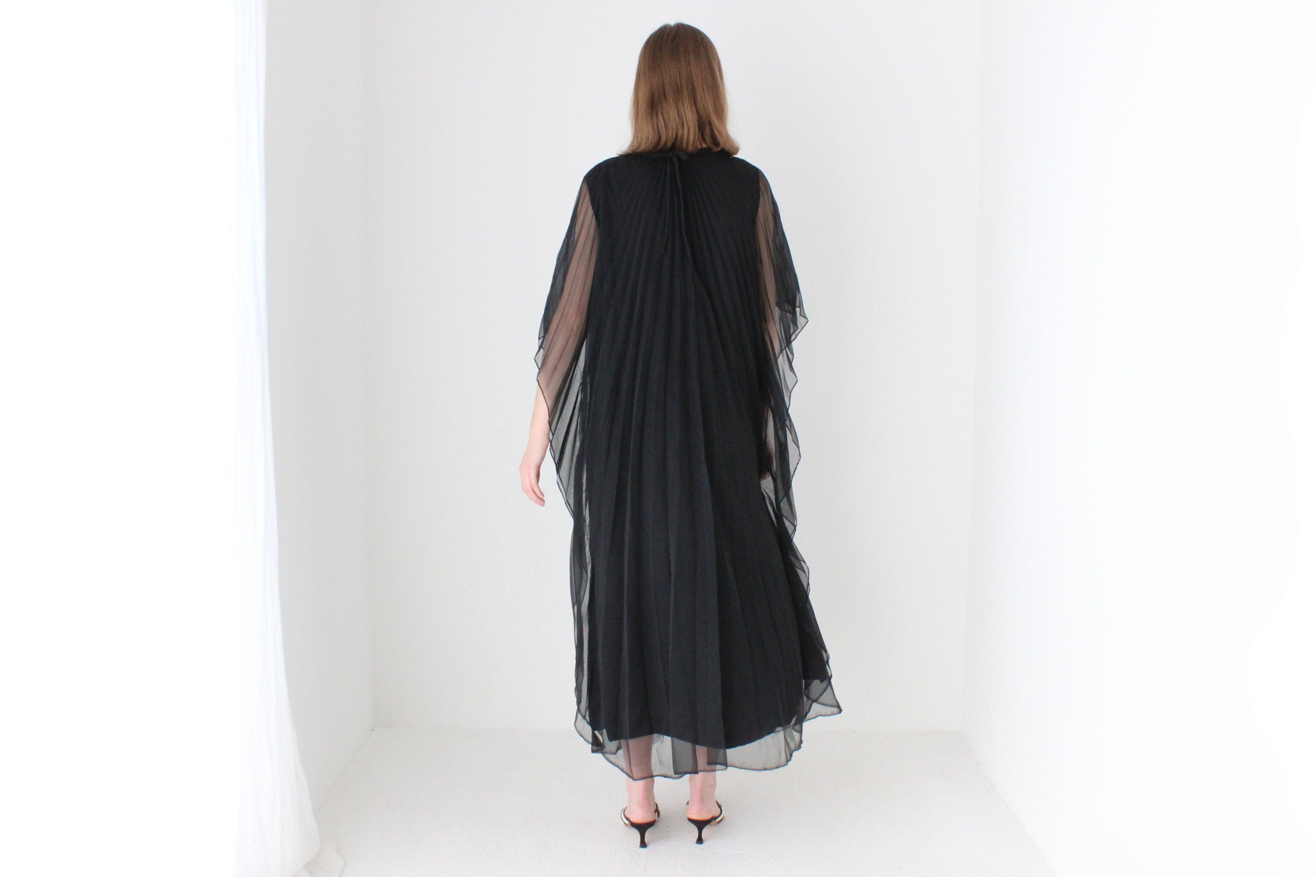 70s Sheer Accordion Pleated WINGED Gown