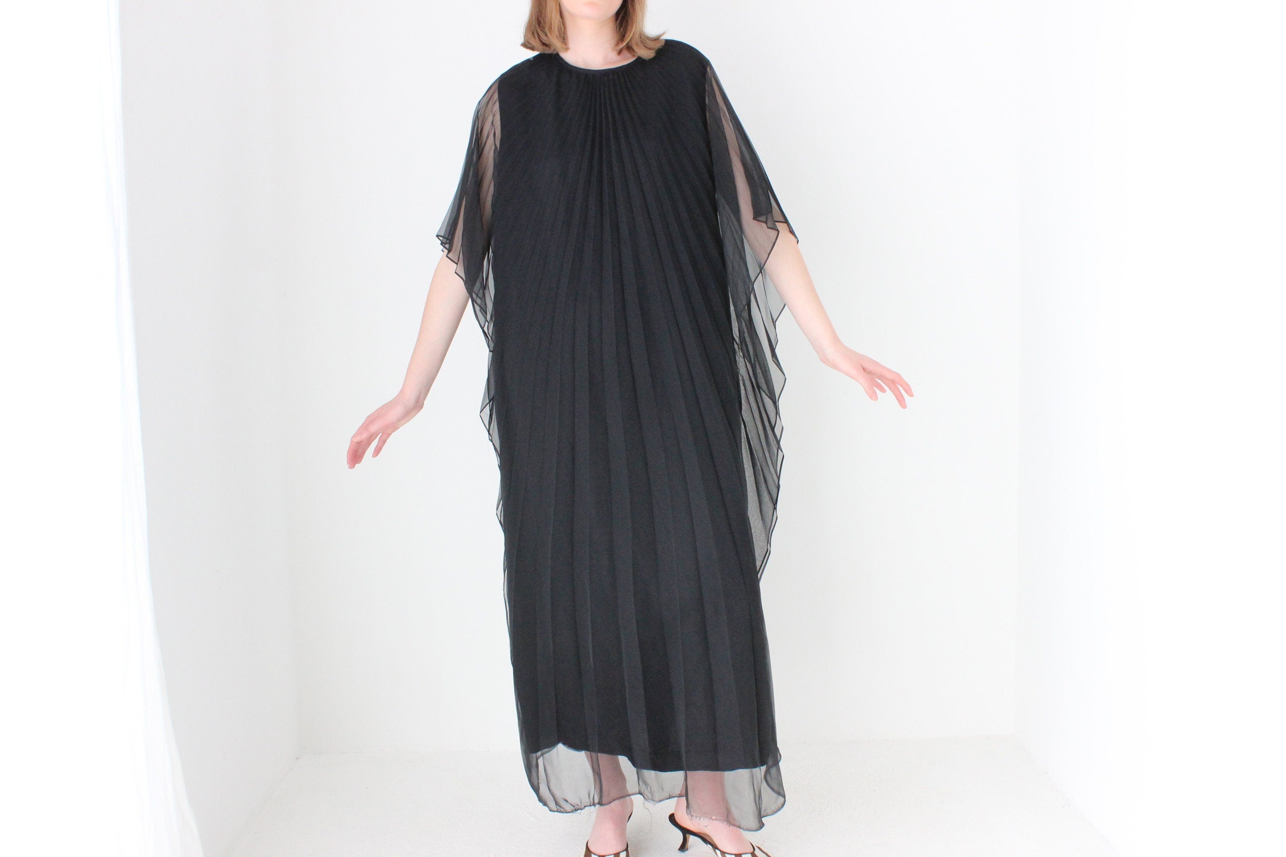 70s Sheer Accordion Pleated WINGED Gown