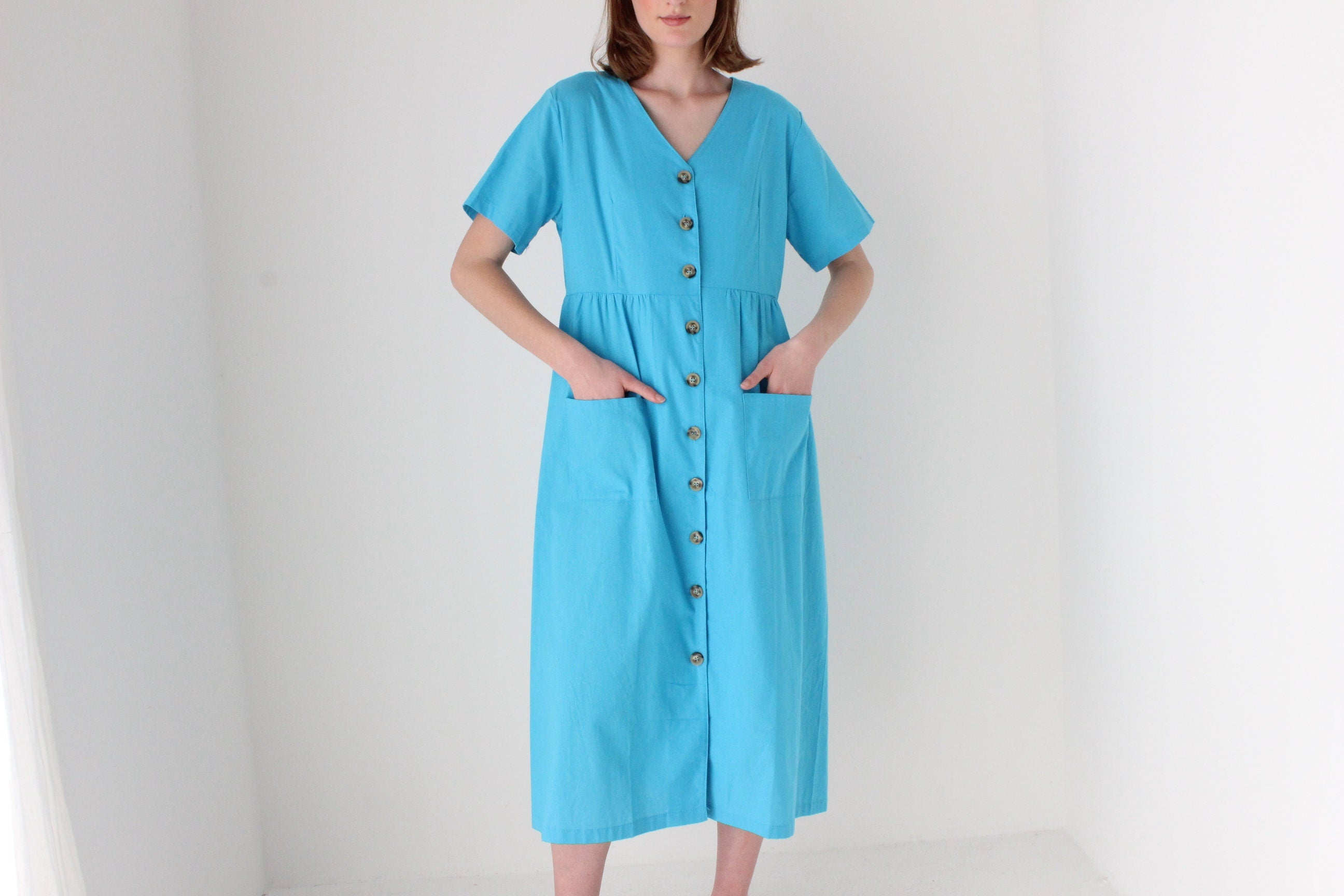 90s Azure Cotton Relaxed Picnic Smock
