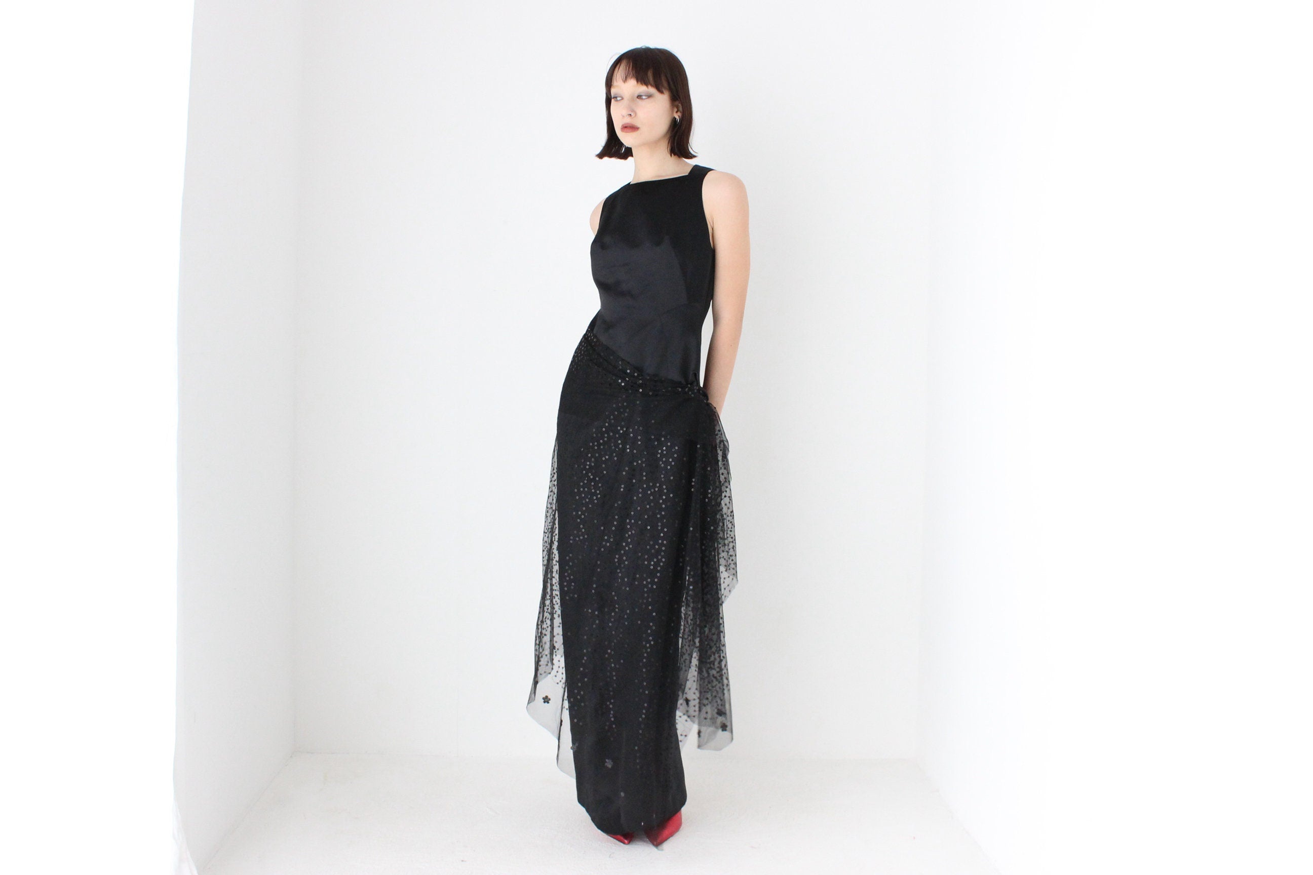 Heavenly 90s Matthew Eager Duchess Satin Cocktail Gown w/ Mesh Sequin Skirt