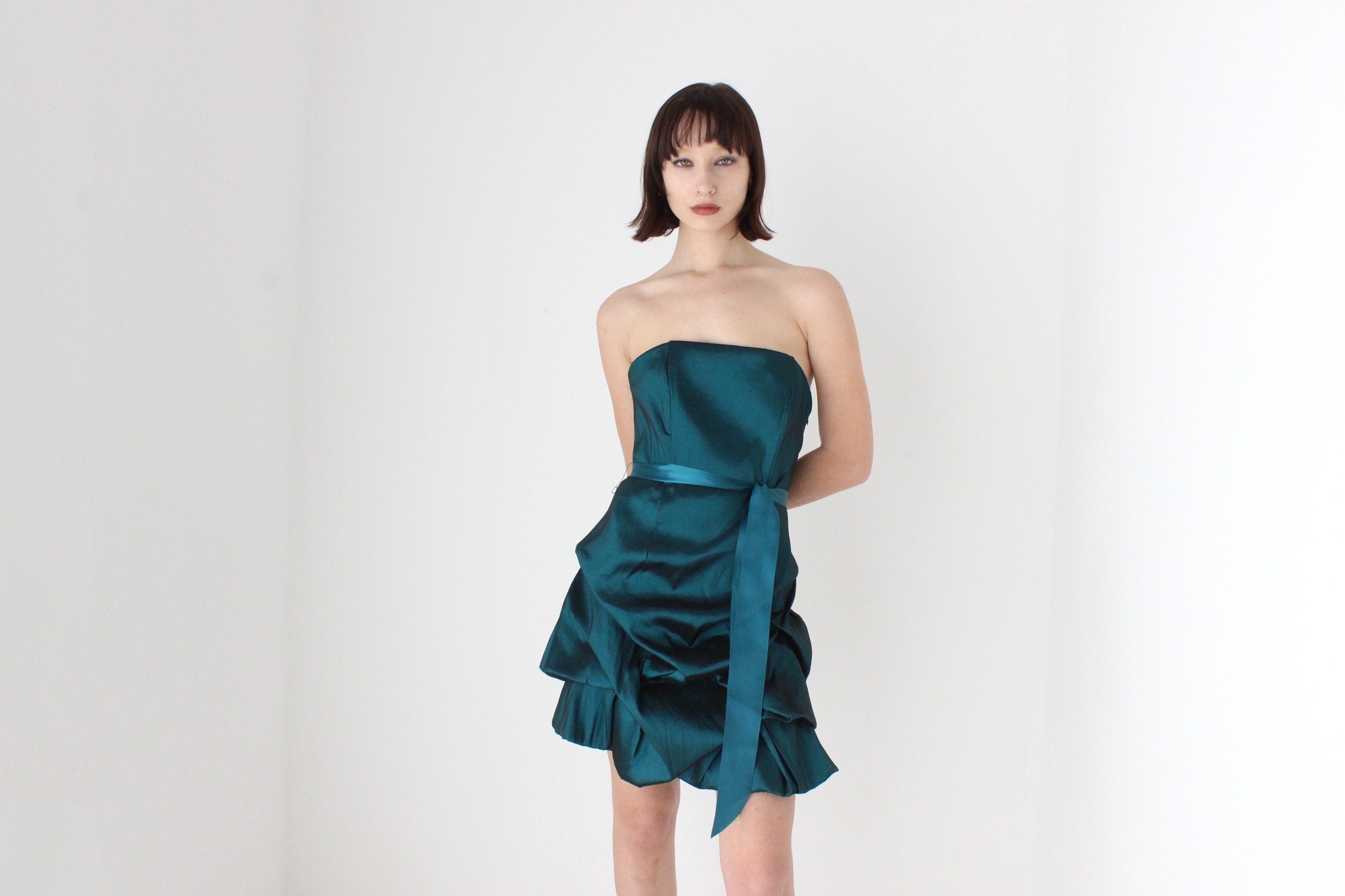 Y2K Metallic Origami Bubble Structured Mini Dress
