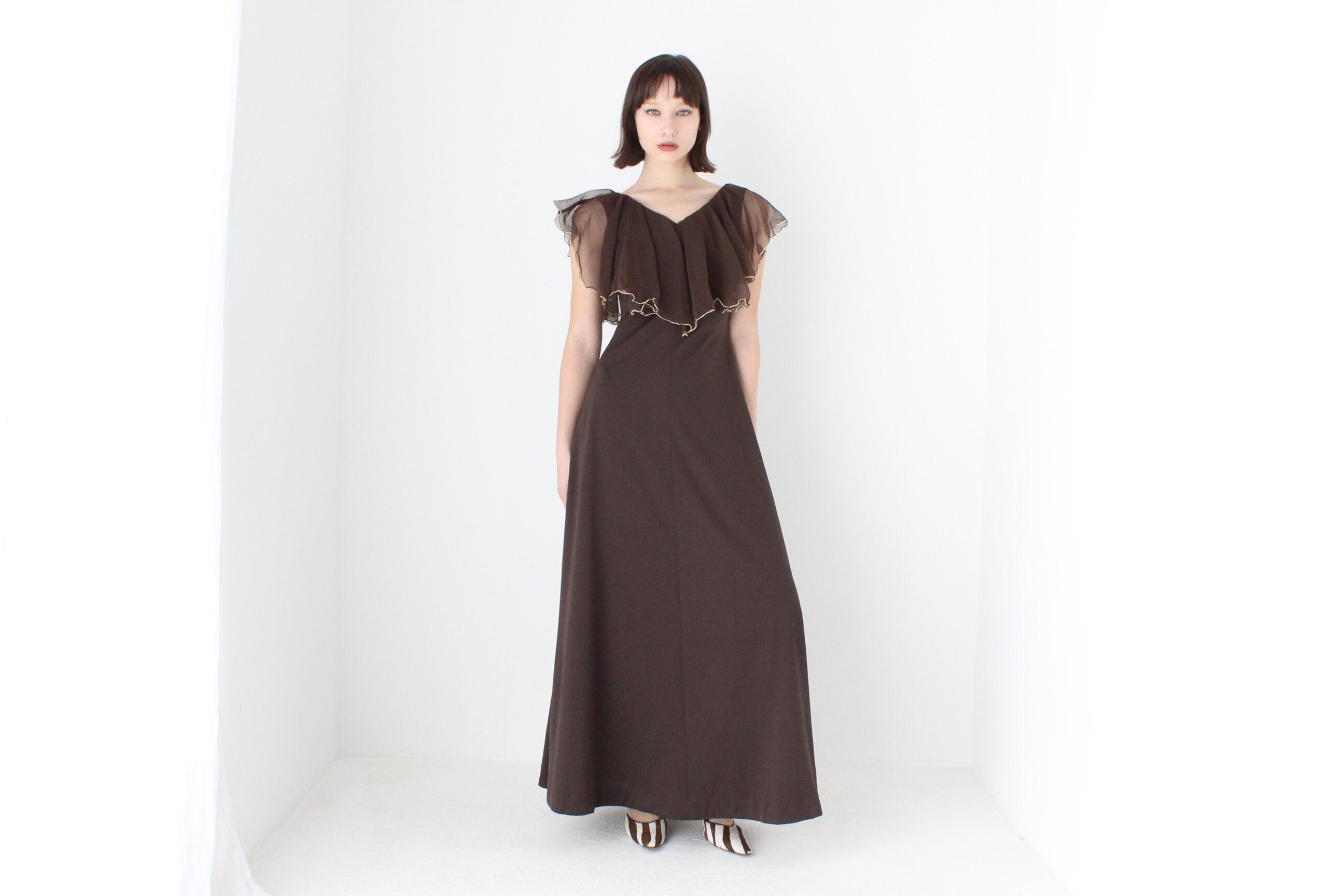 Gorgeous 1970s Chocolate Brown Jersey Gown w/ Ruffle Cape Collar