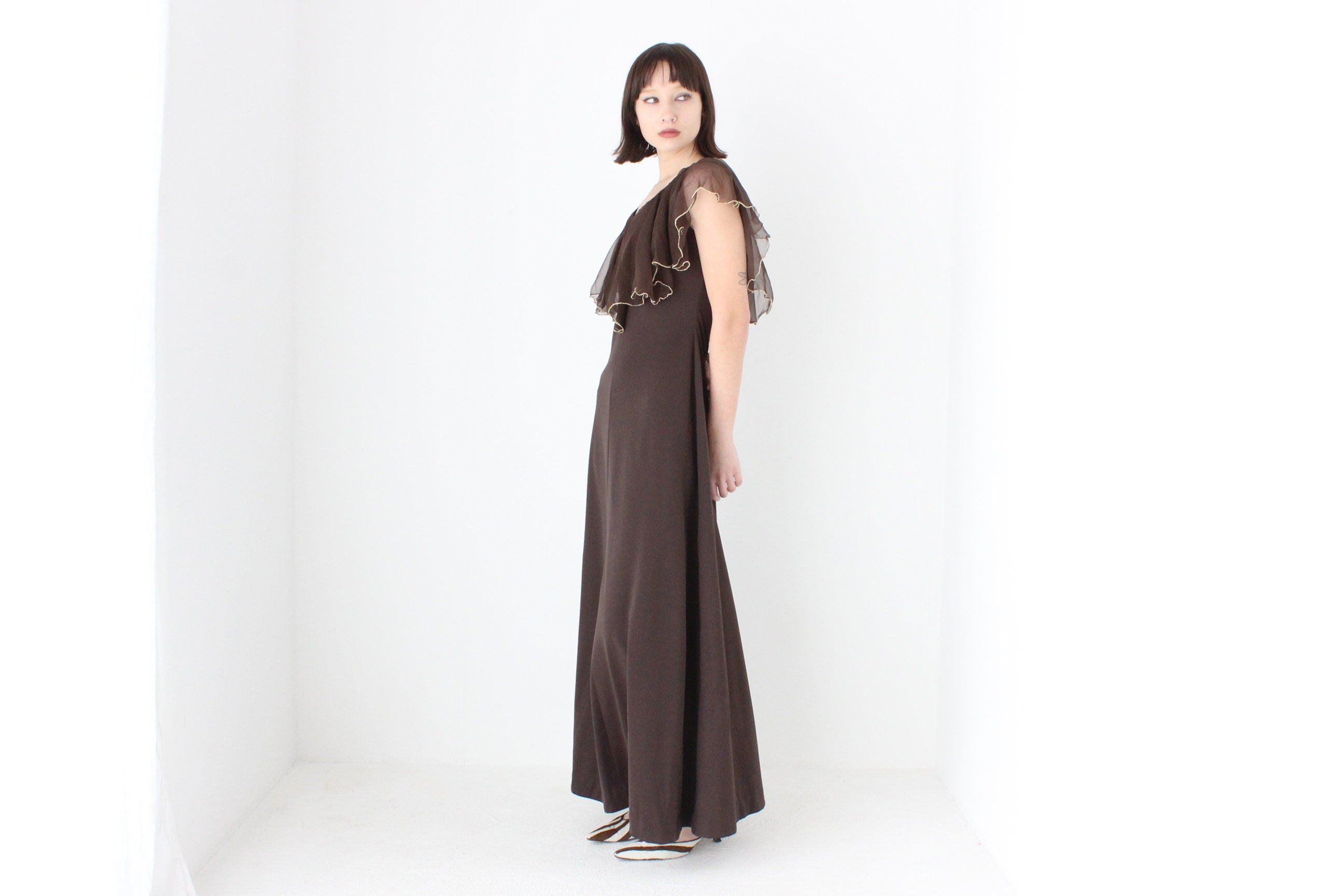 Gorgeous 1970s Chocolate Brown Jersey Gown w/ Ruffle Cape Collar