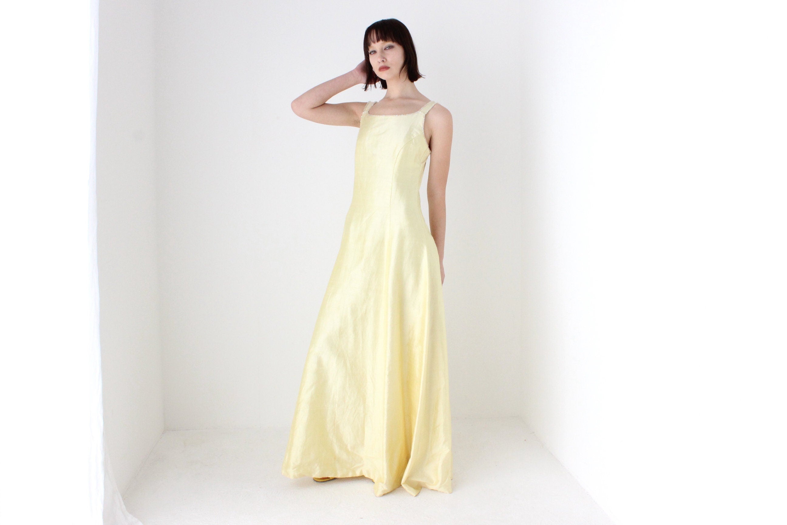 80s Shantung Silk Pastel Lemon Evening Gown