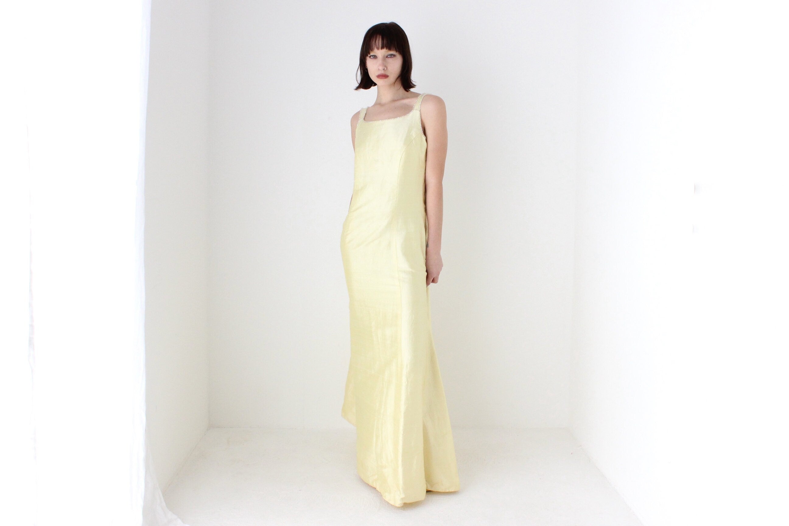 80s Shantung Silk Pastel Lemon Evening Gown