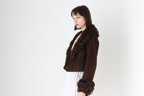 70s {Suede & Afghan Goat Fur} Chocolate Brown Cropped Jacket