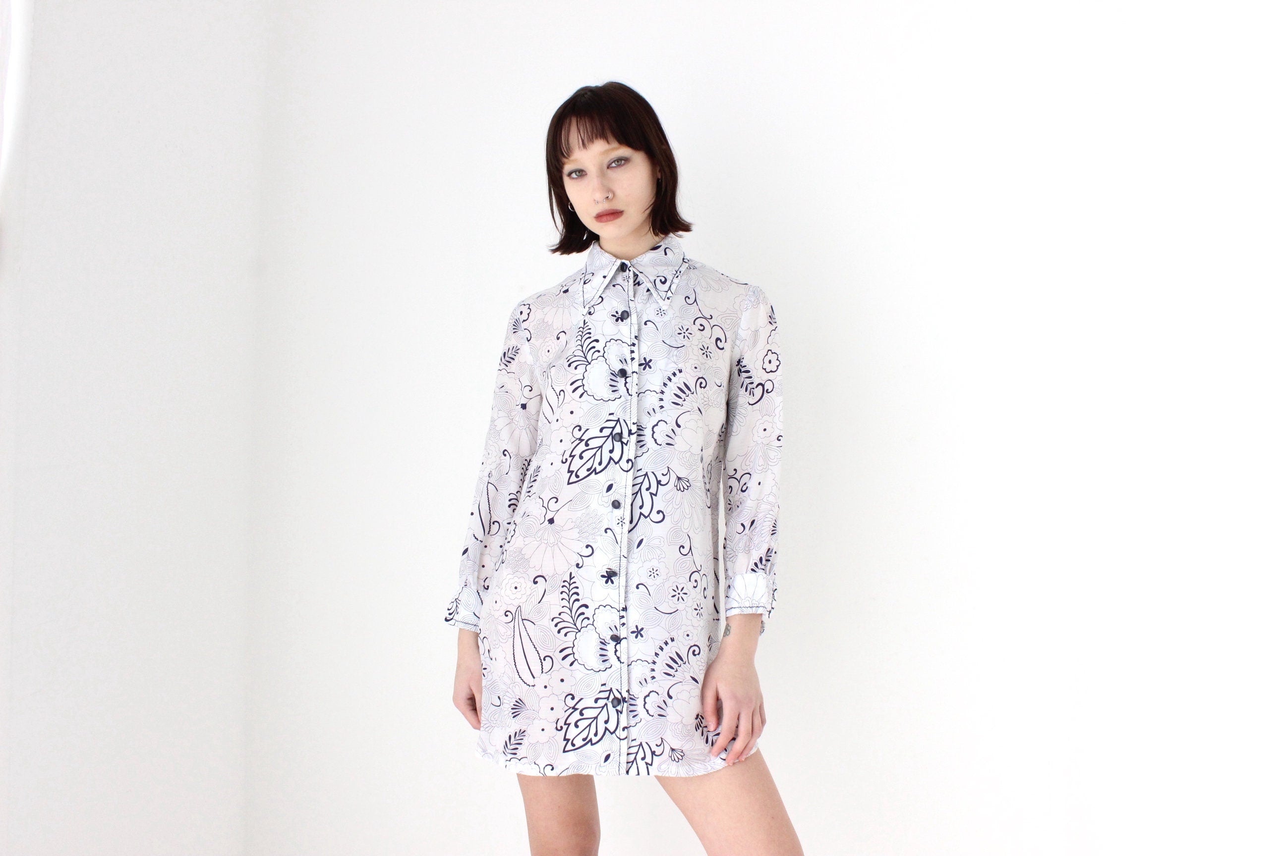 70s Bemberg Featherweight Psychedelic Floral Mini Shirt Dress