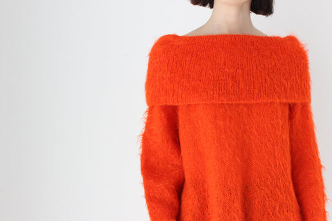 80s Mohair & Wool Vibrant Orange Off Shoulder Sweater