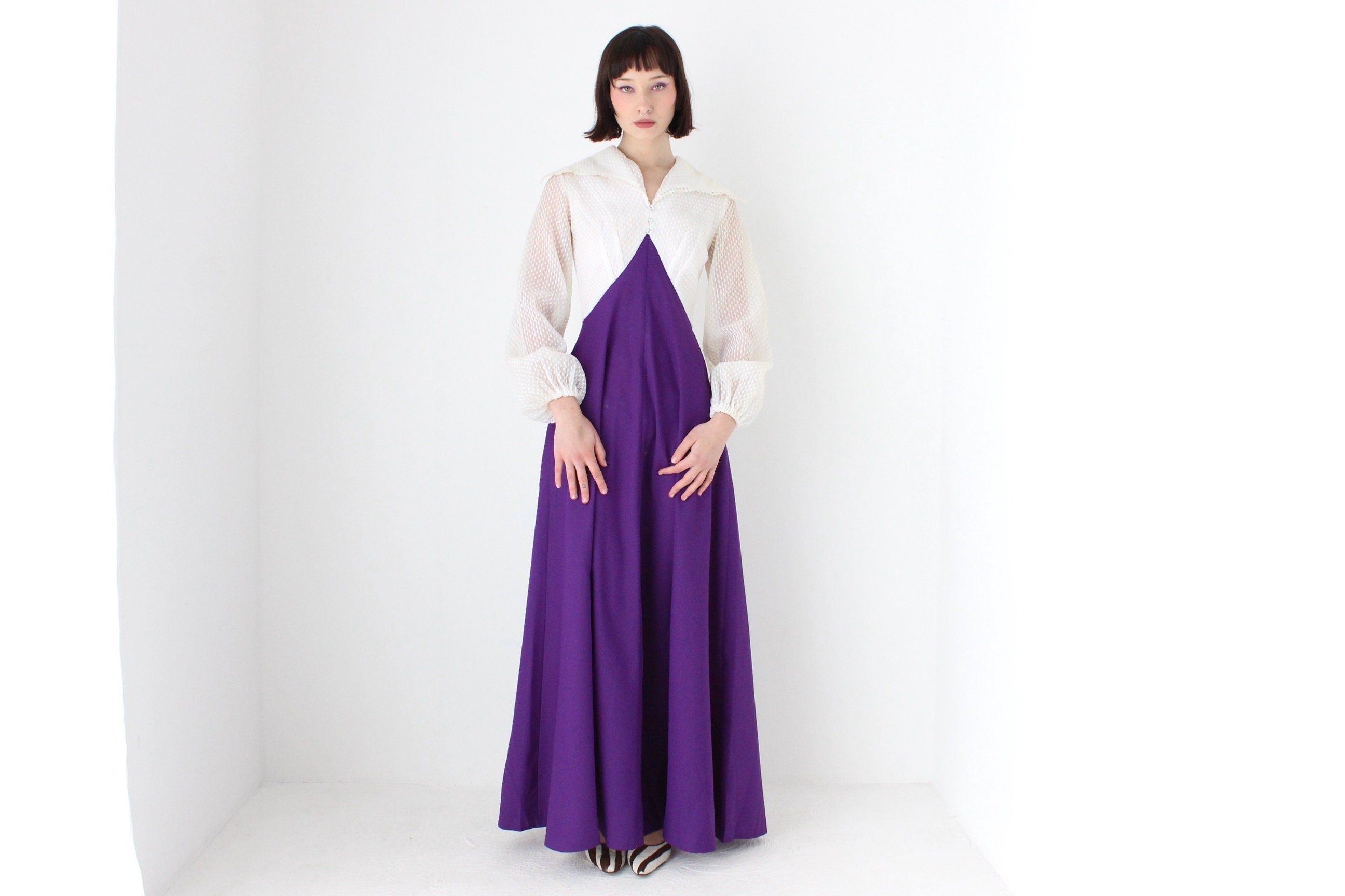 Fabulous 70s Crimplene Dramatic Collar & Poet Sleeve Gown