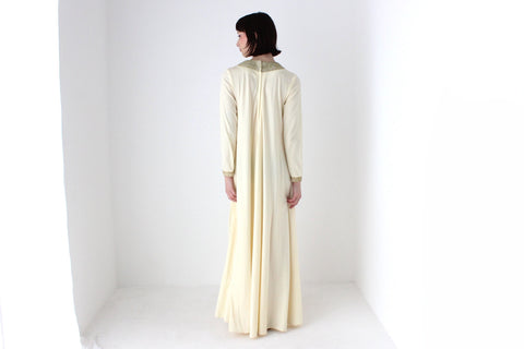 70s DISCO GODDESS Cream Jersey & Gold Trim Sweeping Trapeze Gown