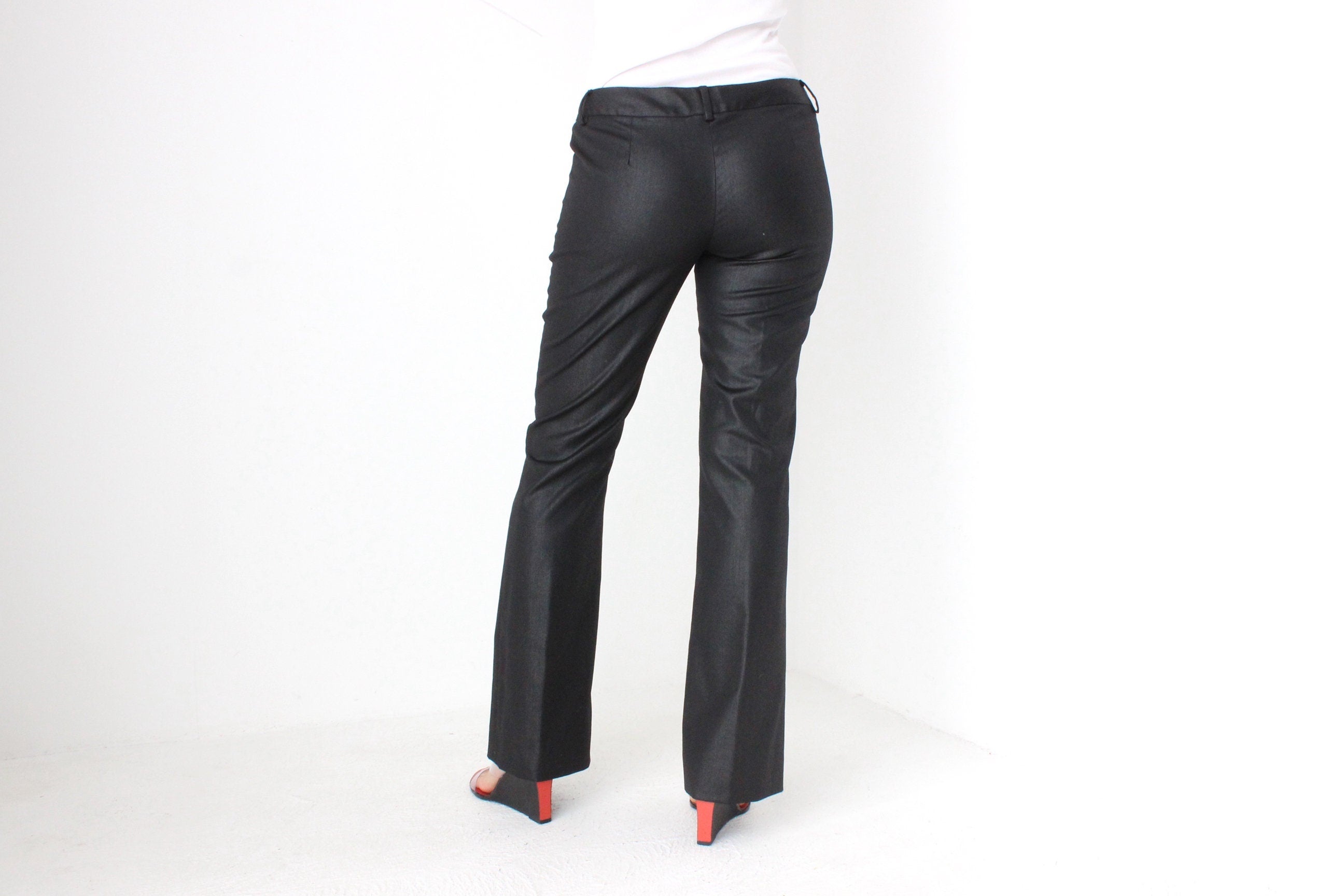 Vintage John Galliano Stretch Wool Blend Leather Look Bootcut Flares