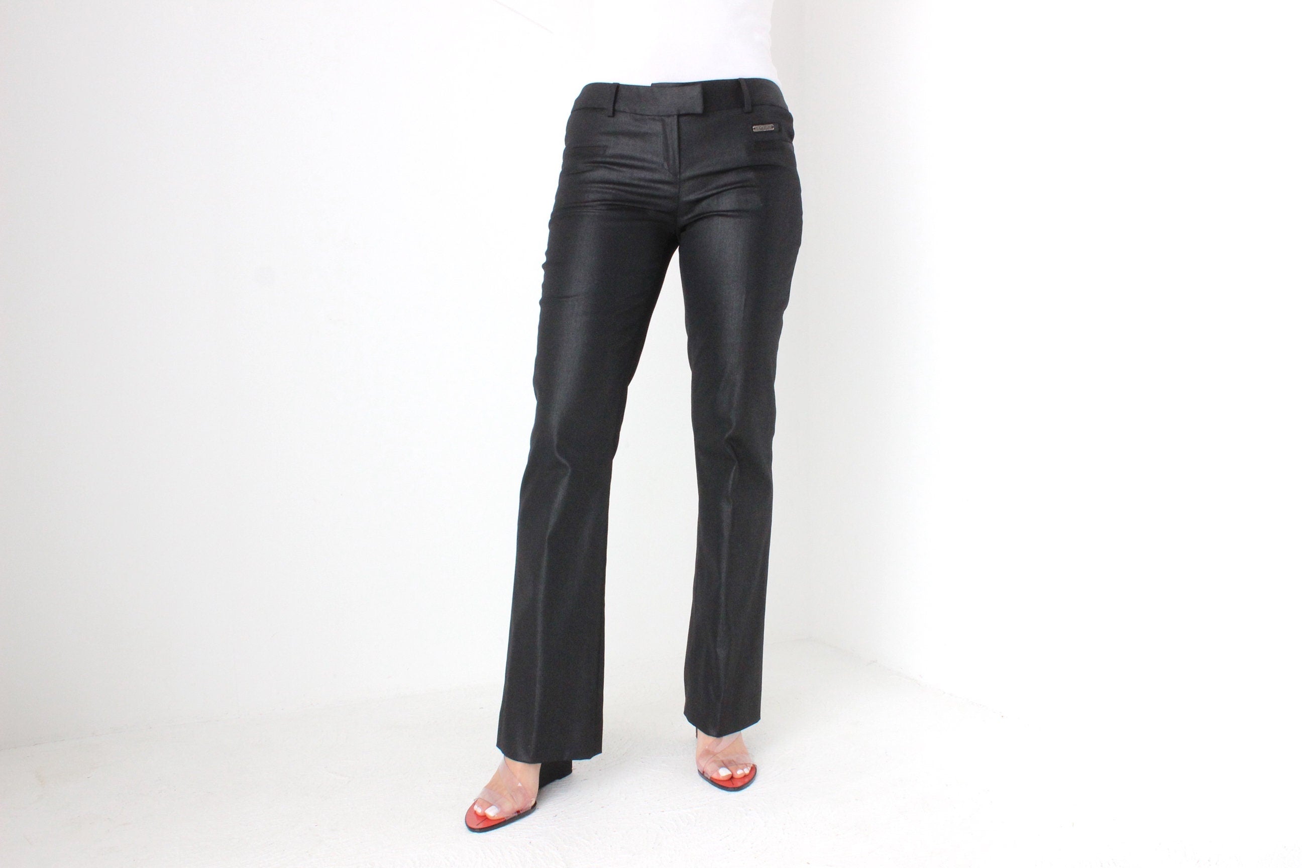 Vintage John Galliano Stretch Wool Blend Leather Look Bootcut Flares