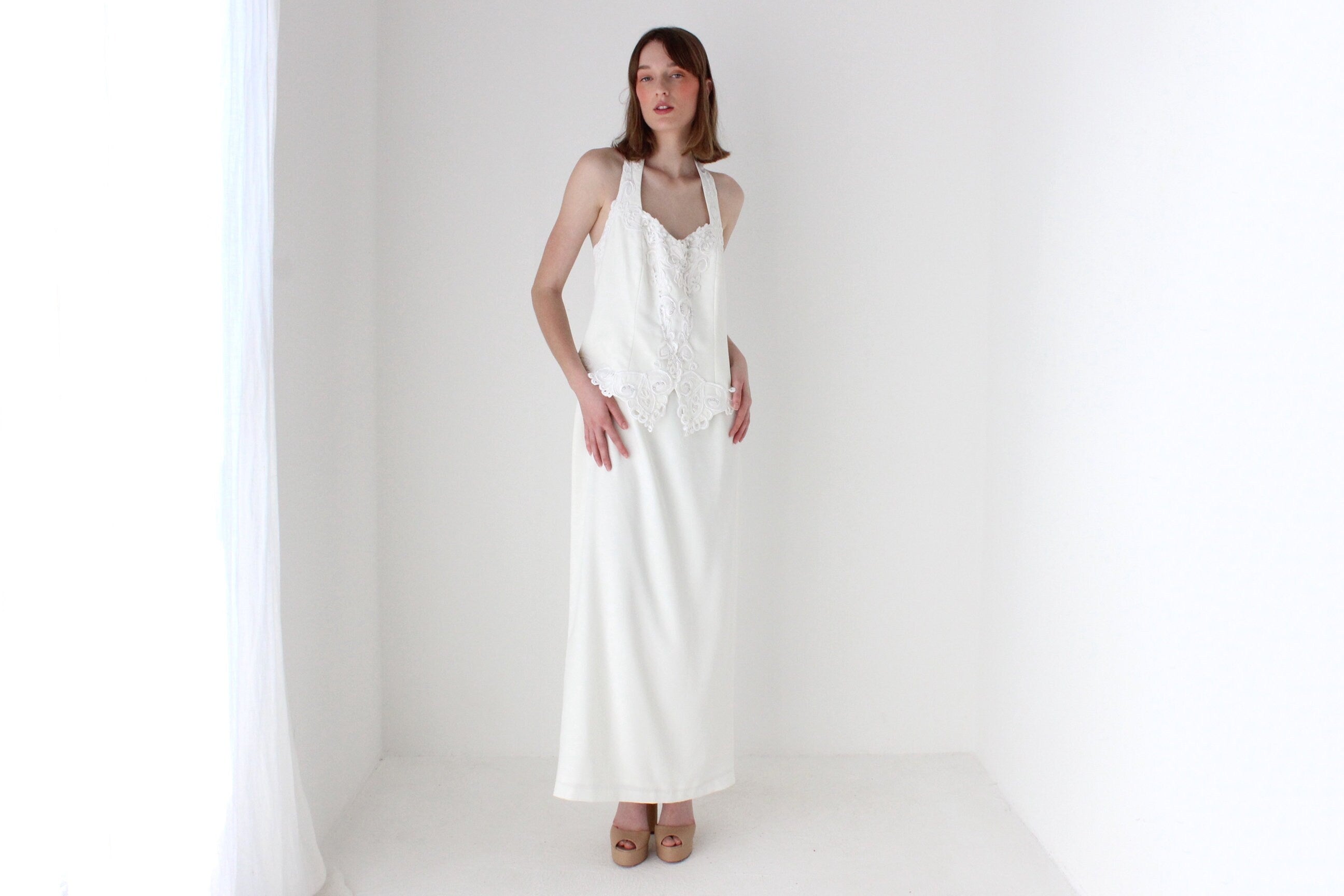 90s Crepe Halter Neck White Wedding Dress