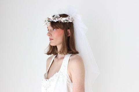 Vintage 90s Bridal Flower Head Piece with Outrageous Tulle Veil