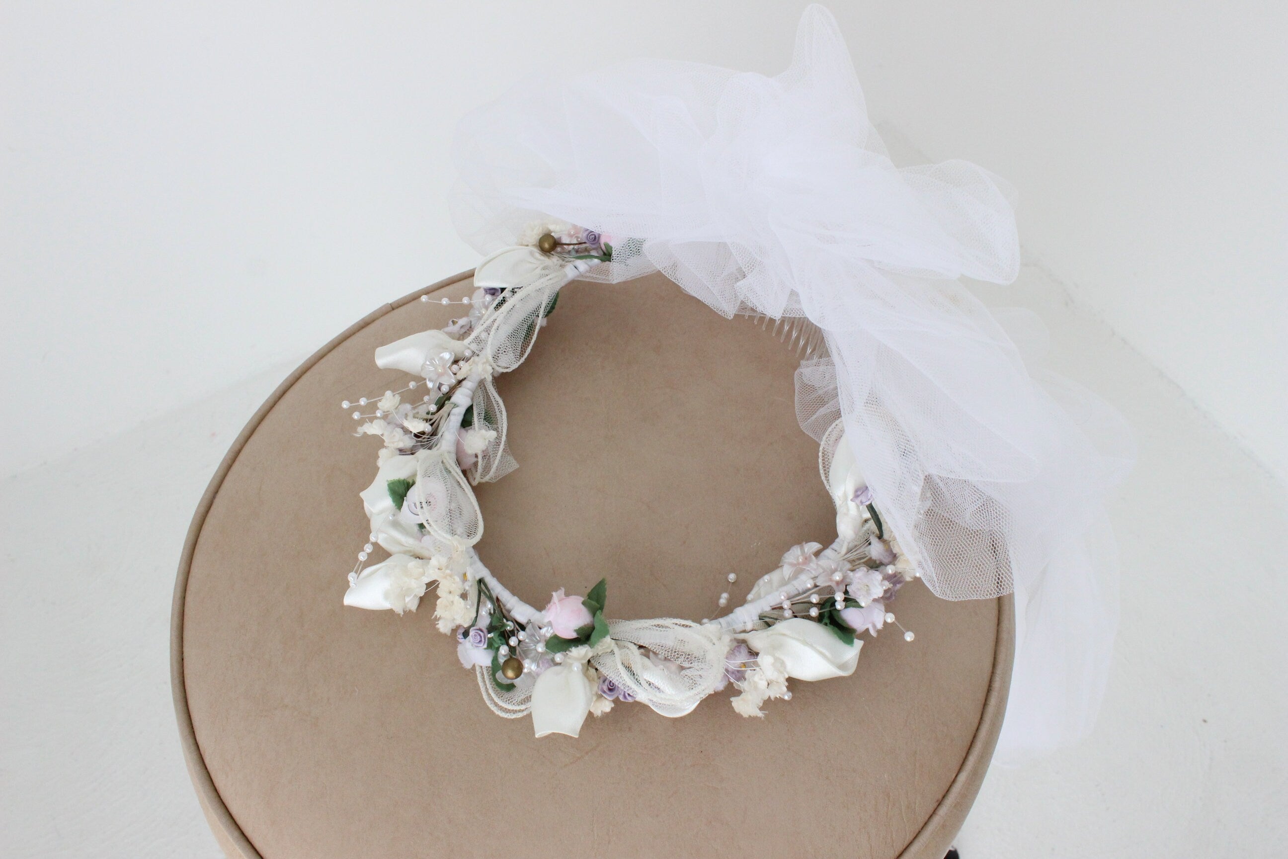 Vintage 90s Bridal Flower Head Piece with Outrageous Tulle Veil