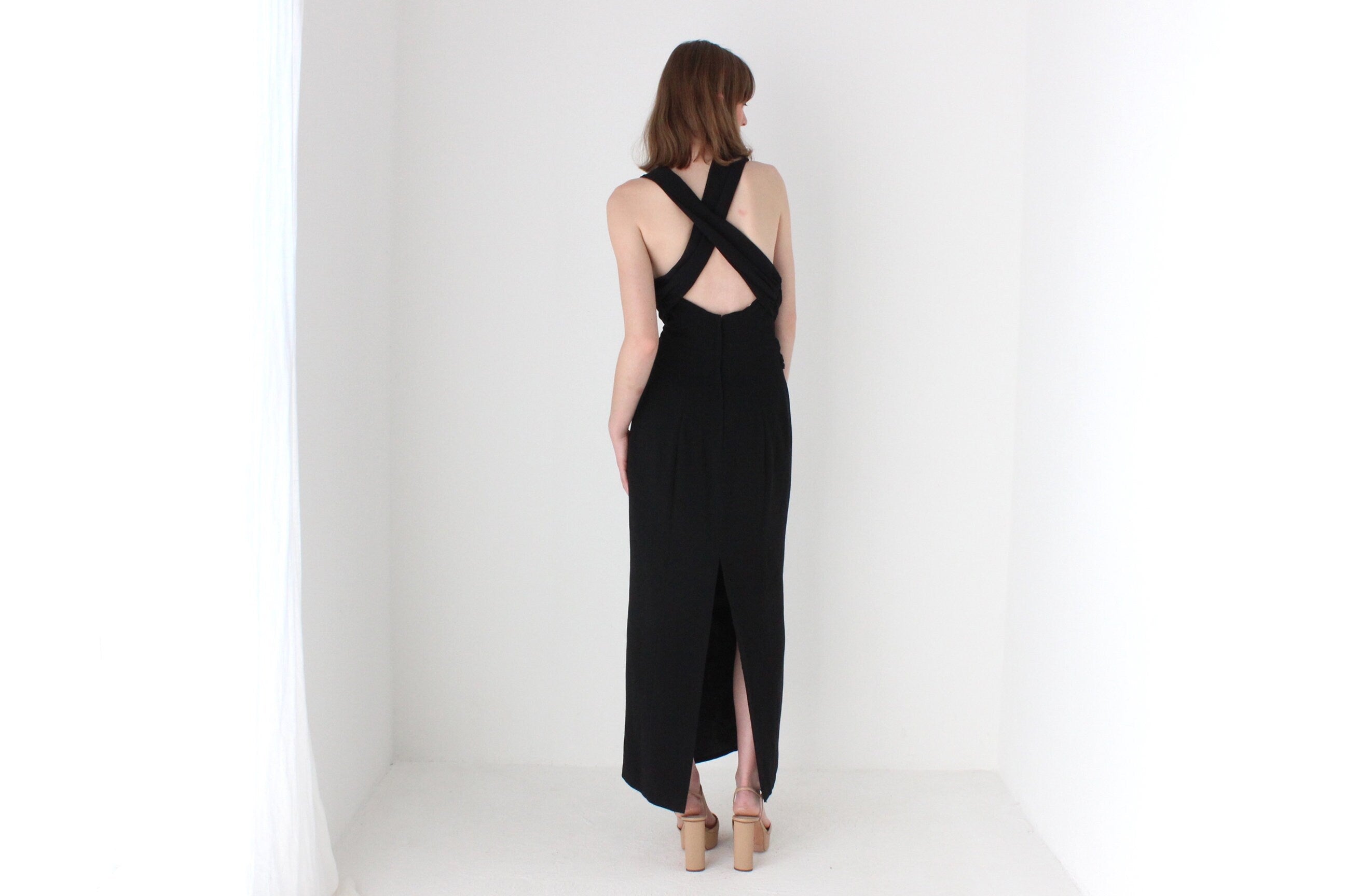 80s Cowl Neck & Criss Cross Back Crepe Hourglass Gown