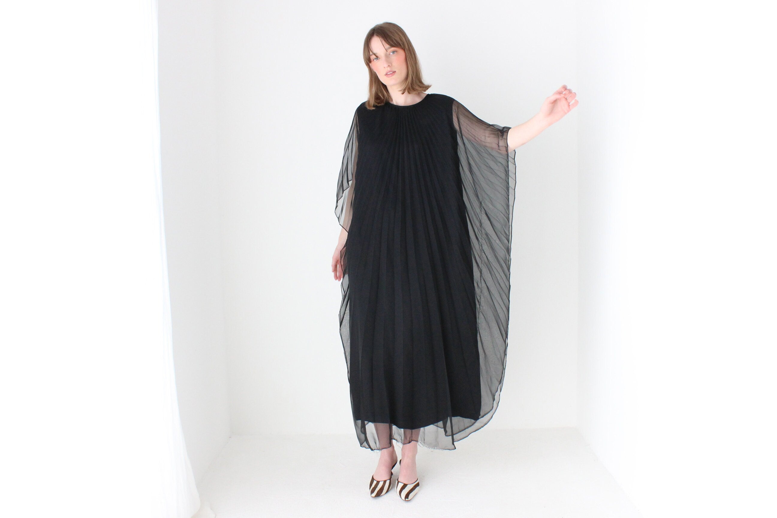 70s Sheer Accordion Pleated WINGED Gown