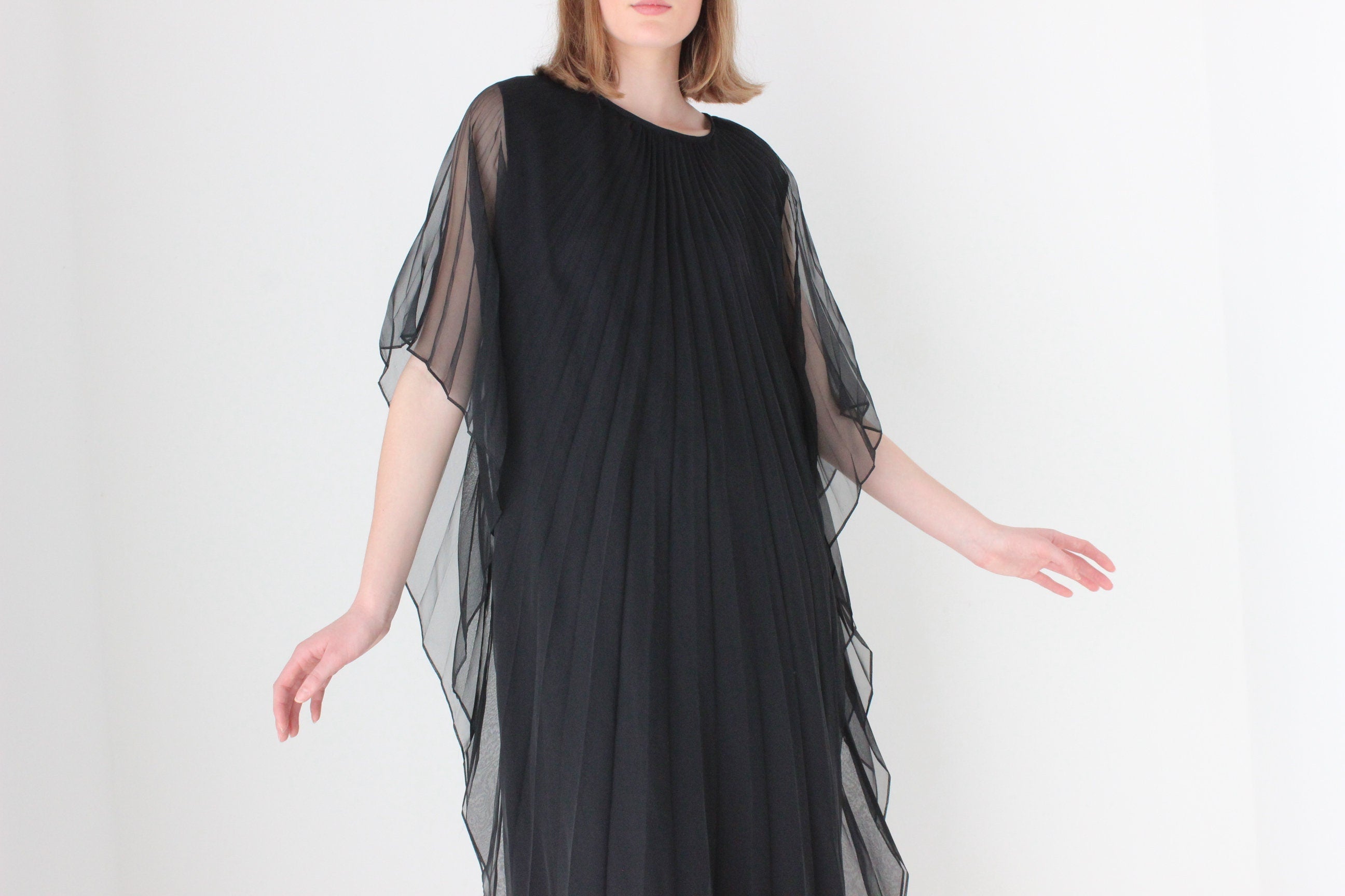 70s Sheer Accordion Pleated WINGED Gown