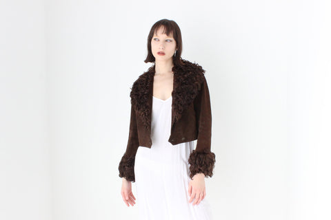 70s {Suede & Afghan Goat Fur} Chocolate Brown Cropped Jacket