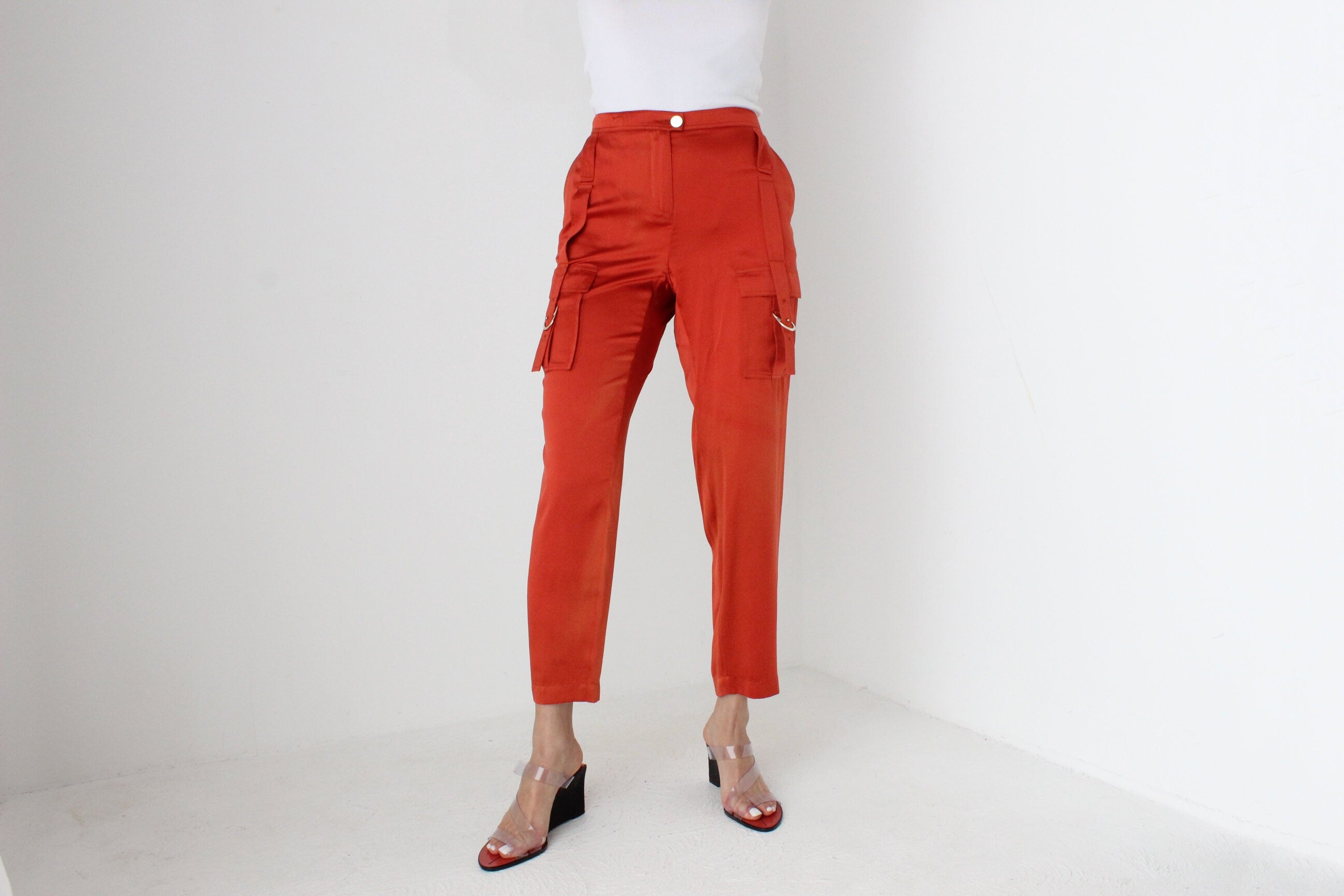 Y2K Roberto Cavalli Pure Silk Cropped Cargo Pocket Pants