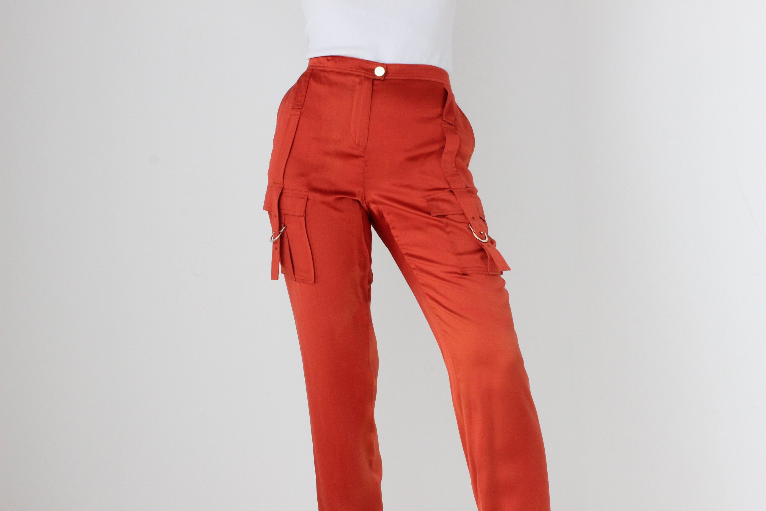 Y2K Roberto Cavalli Pure Silk Cropped Cargo Pocket Pants