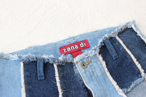 Y2K Frayed Denim Patchwork Cropped Kick Flare Jeans By Zana Di