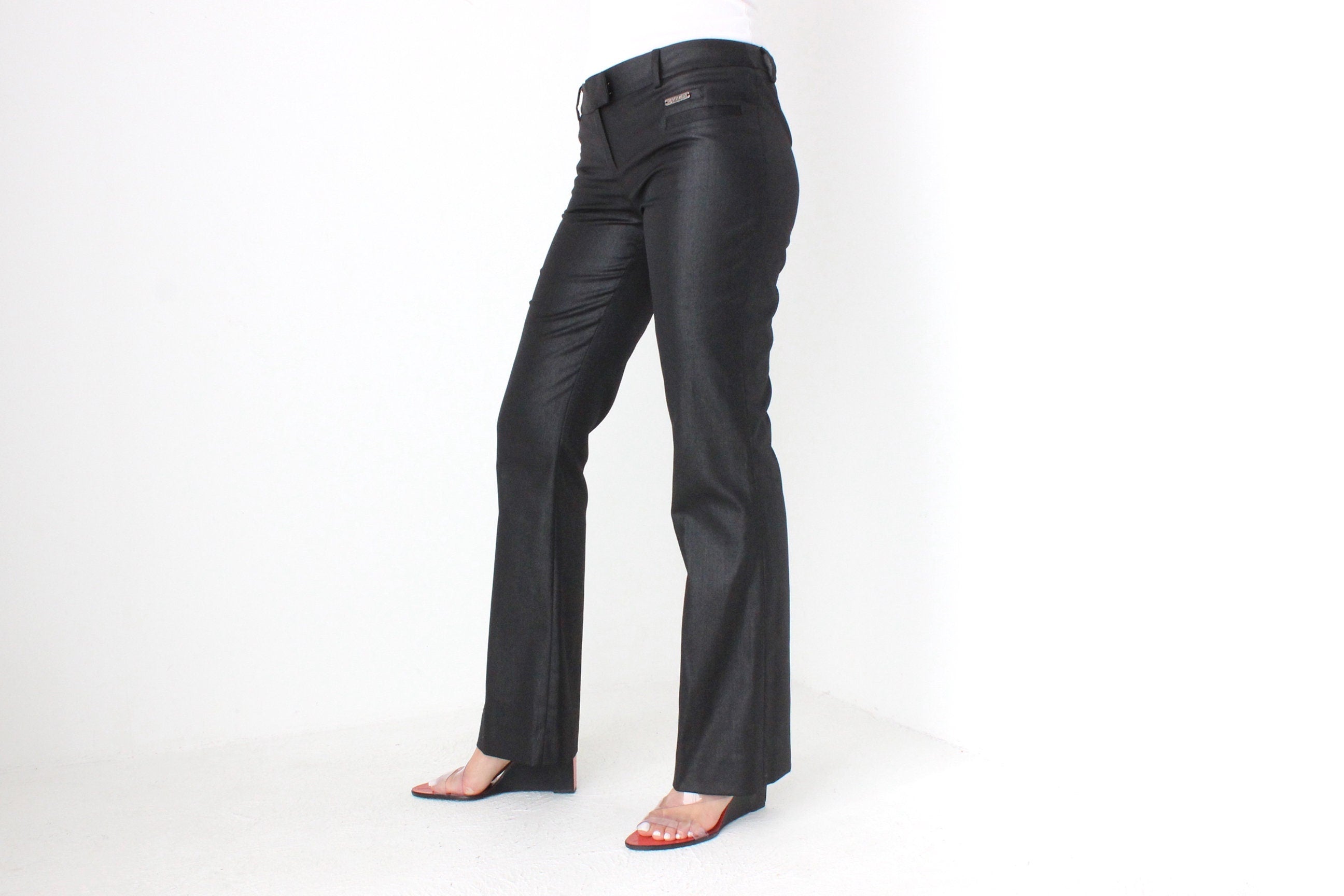 Vintage John Galliano Stretch Wool Blend Leather Look Bootcut Flares