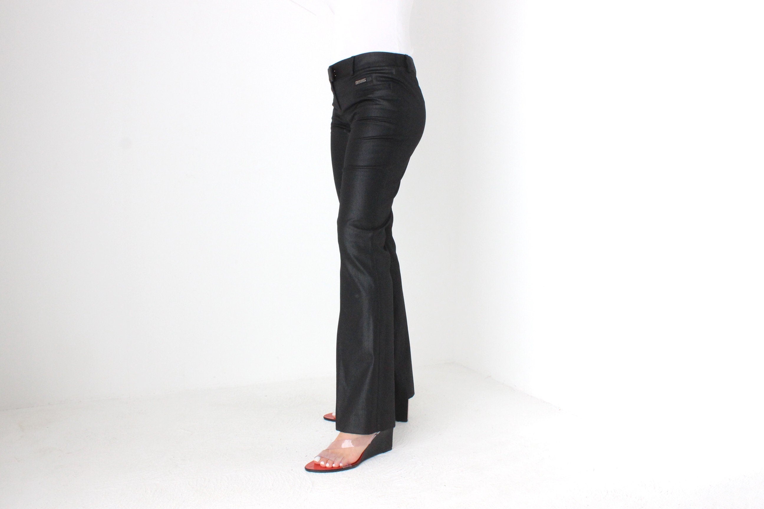 Vintage John Galliano Stretch Wool Blend Leather Look Bootcut Flares