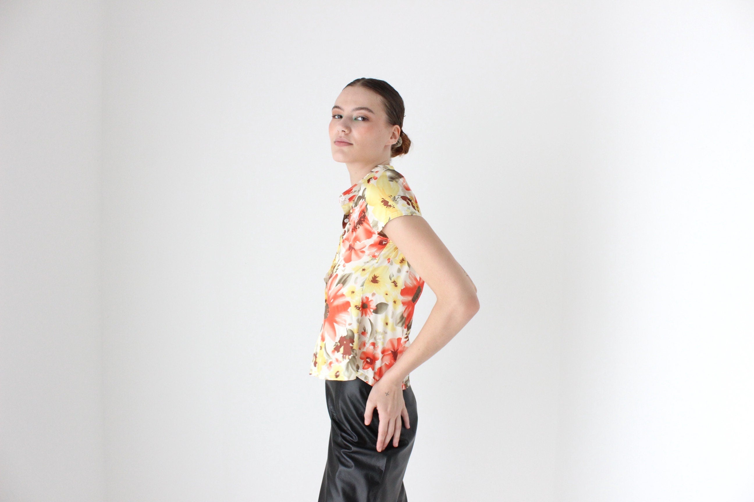 90s Vibrant Floral Satin Short Sleeve Button Up