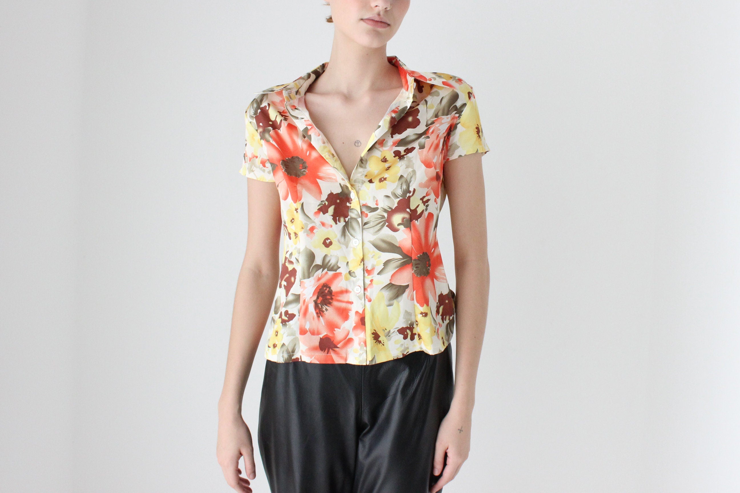 90s Vibrant Floral Satin Short Sleeve Button Up