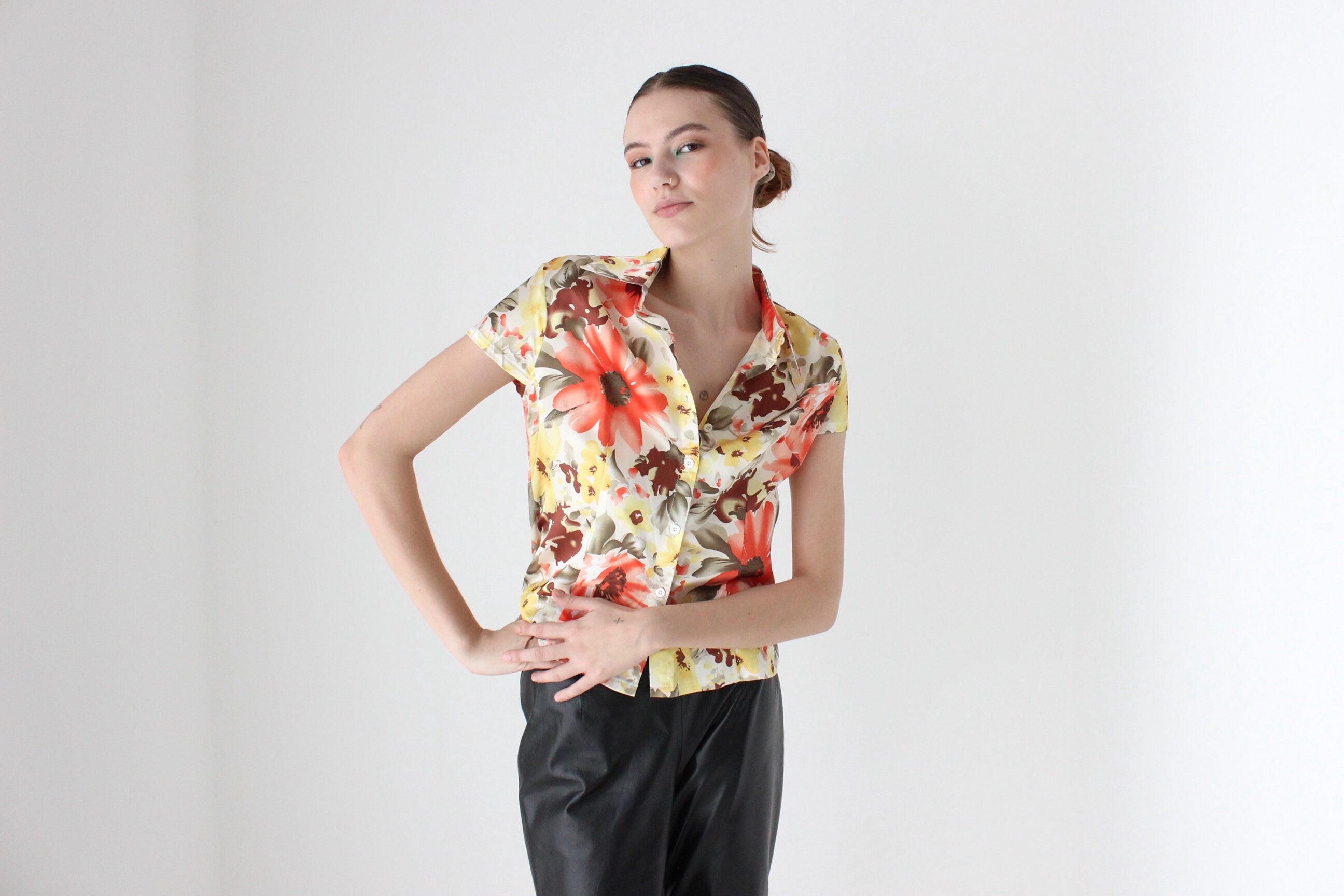 90s Vibrant Floral Satin Short Sleeve Button Up