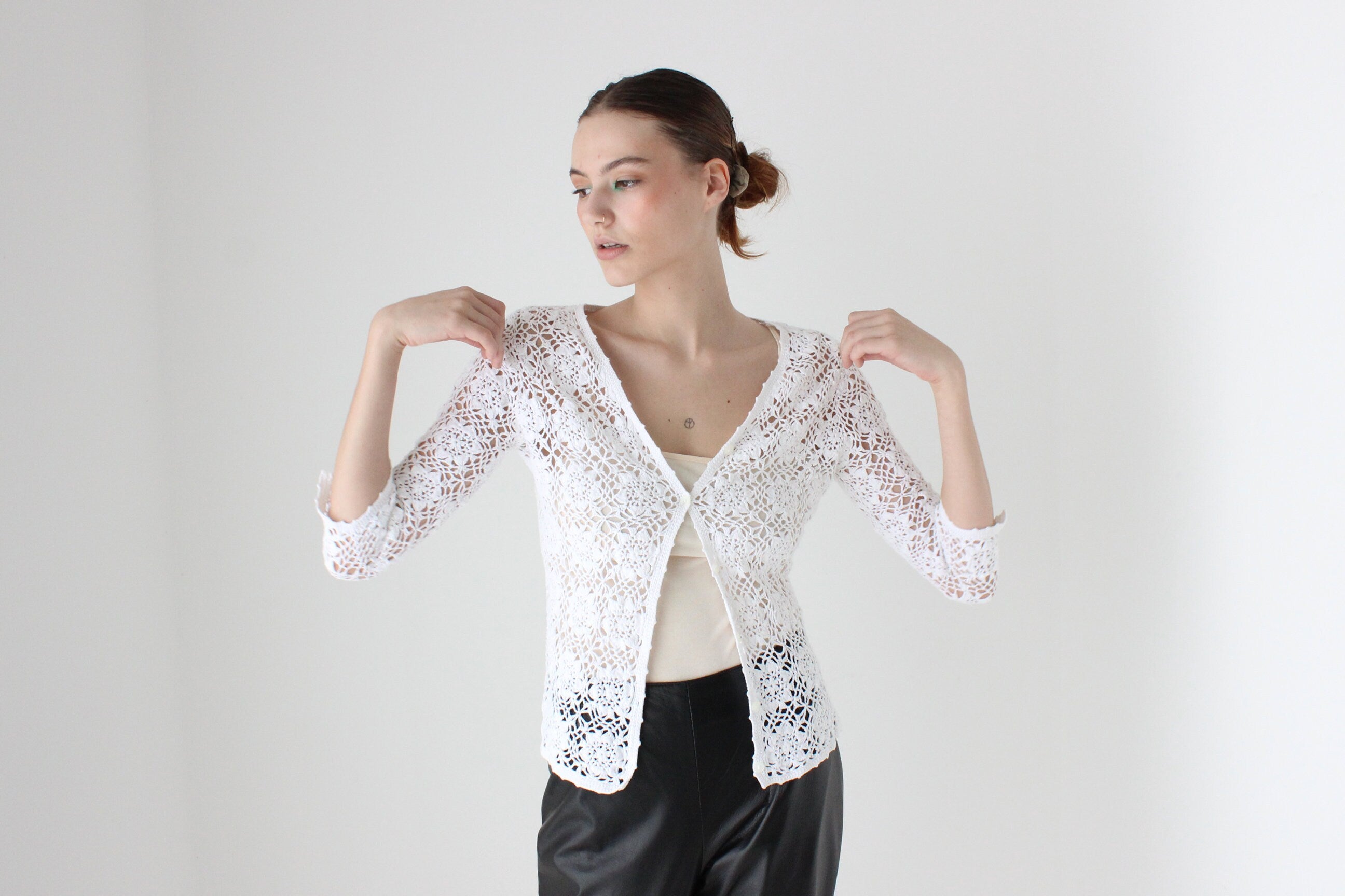 90s Cotton Crochet Button Up Cardi Top