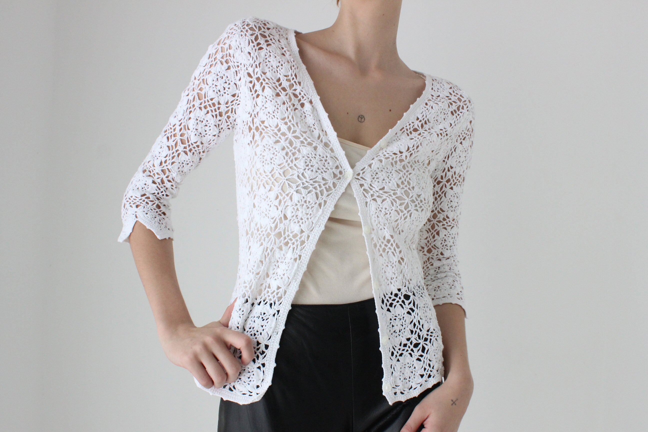 90s Cotton Crochet Button Up Cardi Top