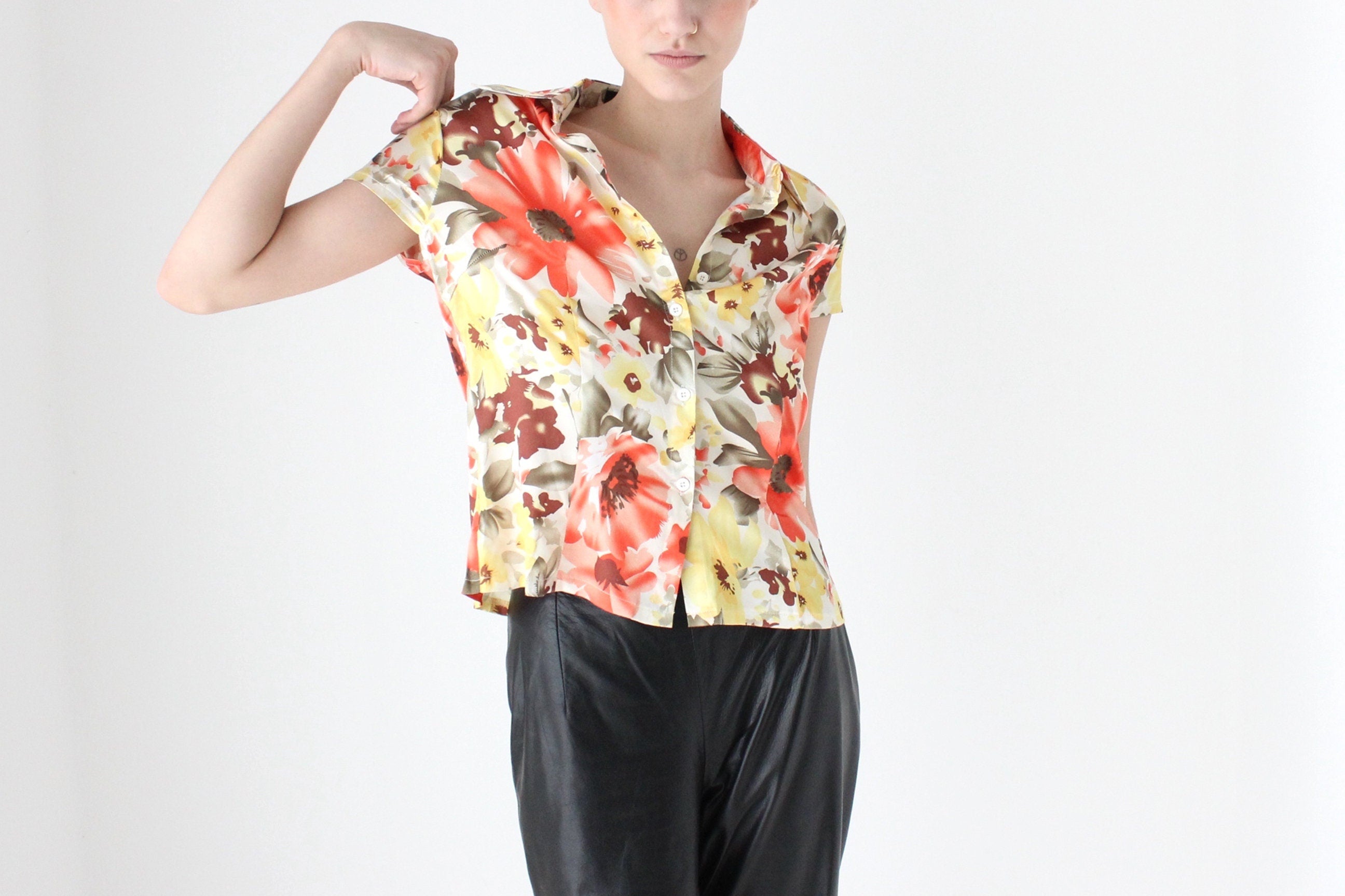 90s Vibrant Floral Satin Short Sleeve Button Up