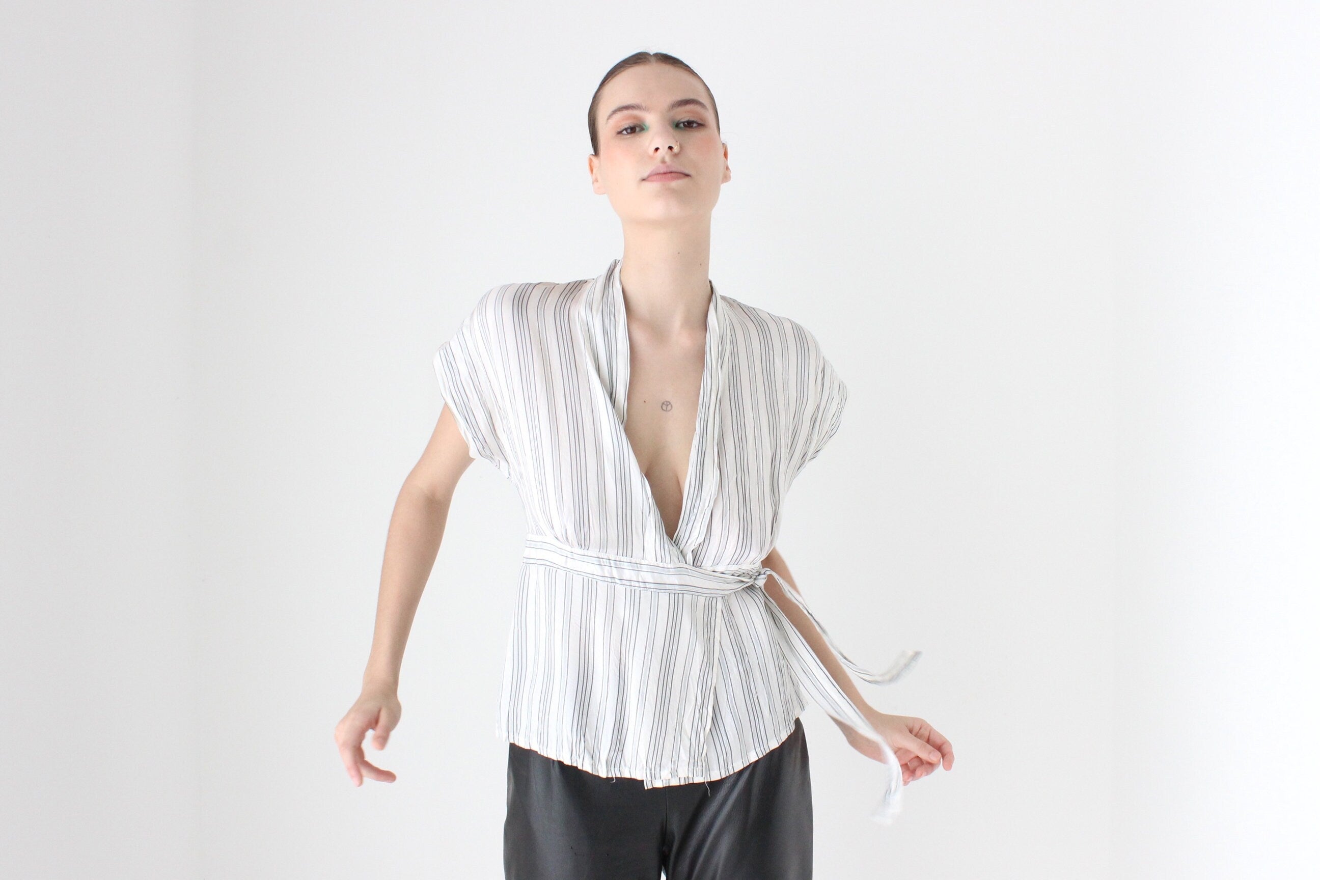 Y2K Metallic Sexy Corporate Striped Wrap Top