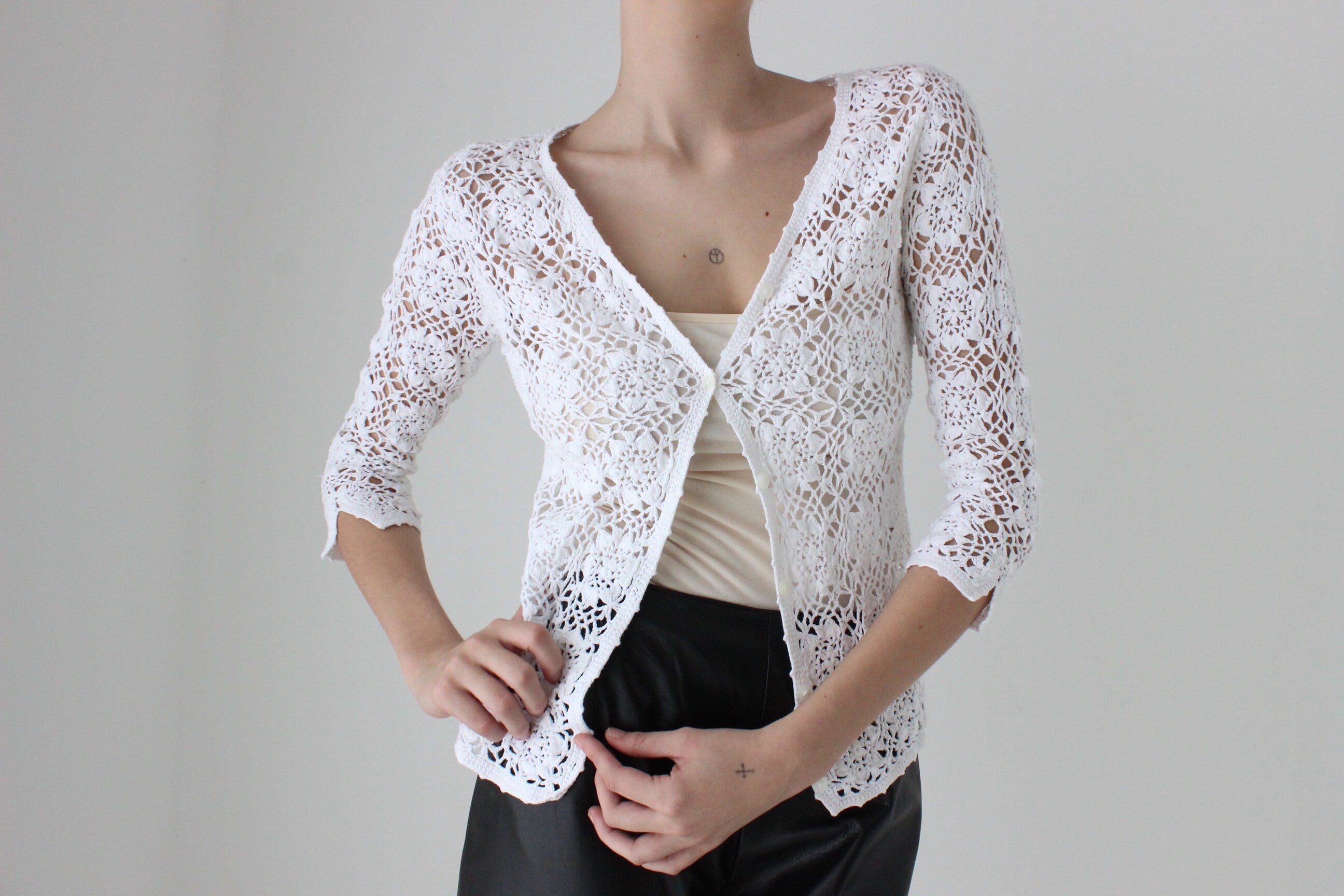 90s Cotton Crochet Button Up Cardi Top