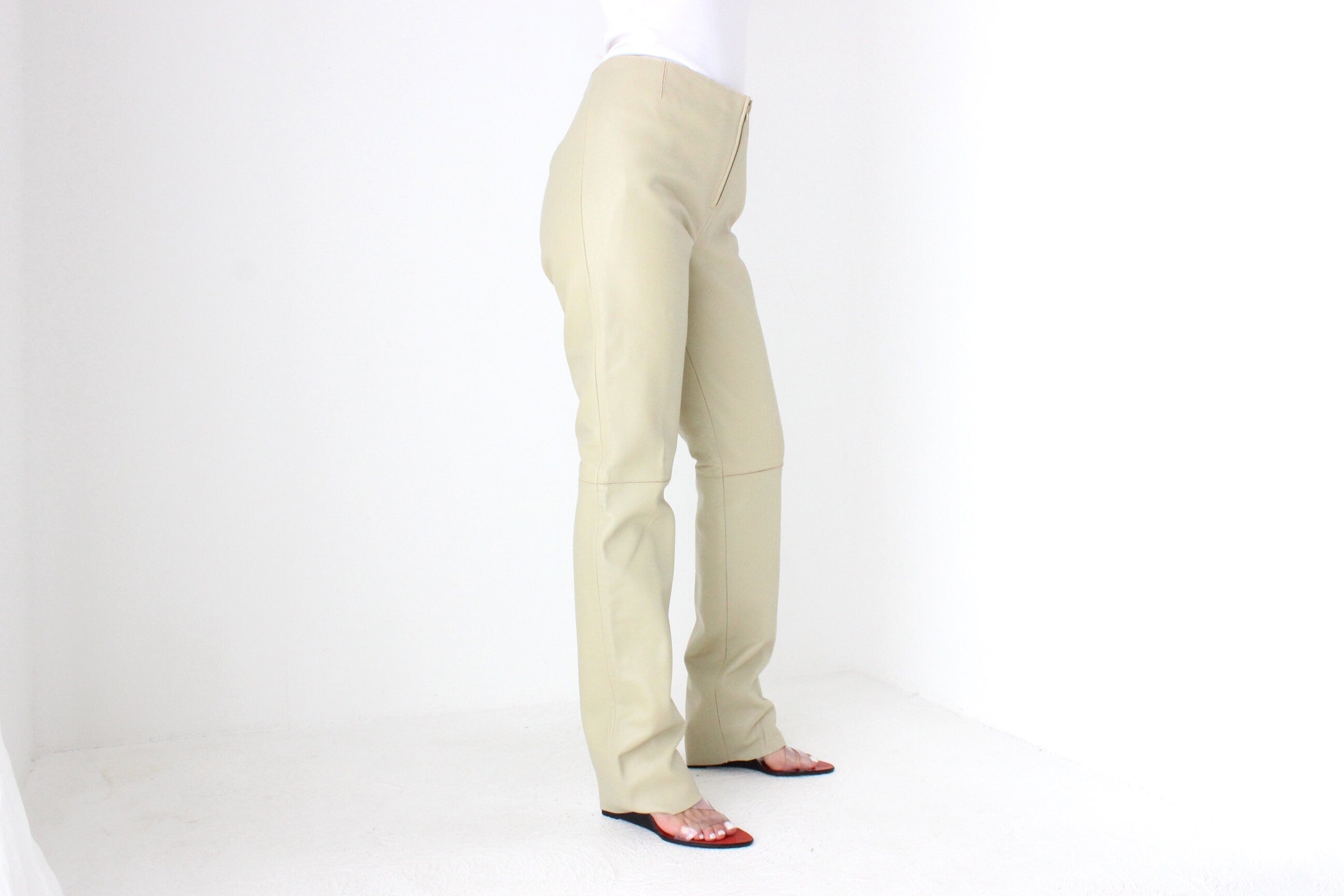 Y2K Neutral Beige Vinyl High Waist Bootcut Pants