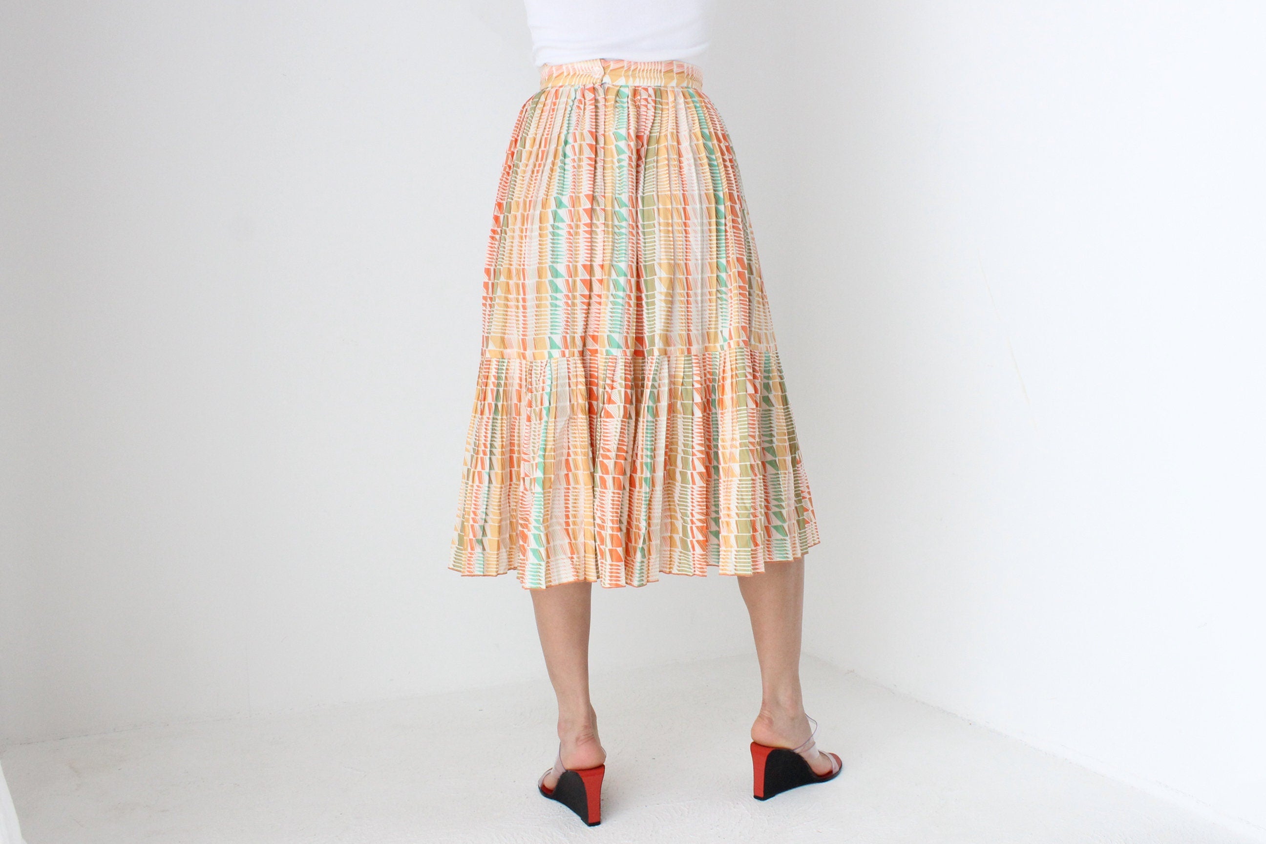 80s Pastel Checked Print Pleated High Waist Skirt