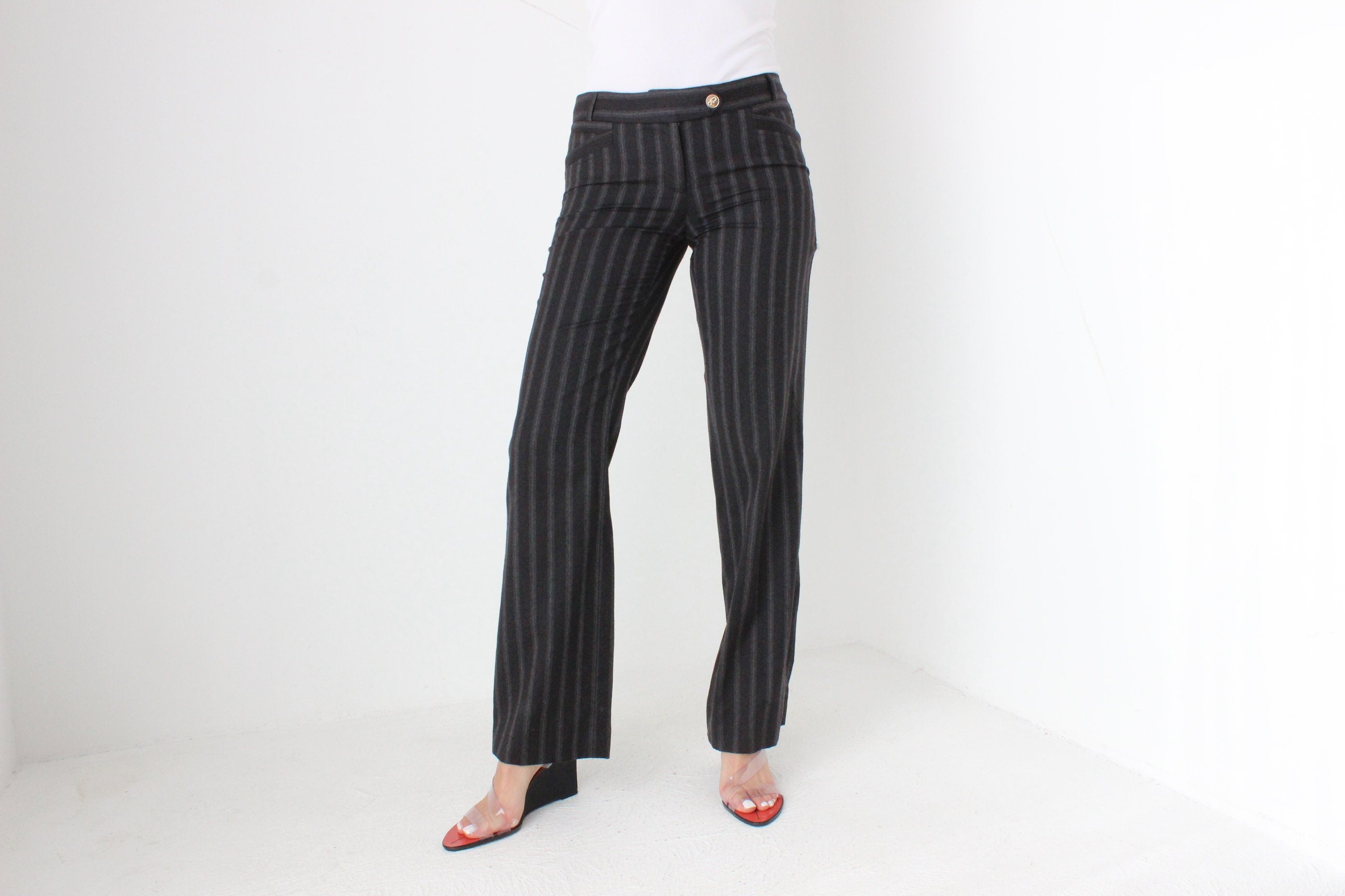 Vintage Y2K Dolce & Gabbana Pure Wool Charcoal Pinstripe Low Rise Bootcut Pants